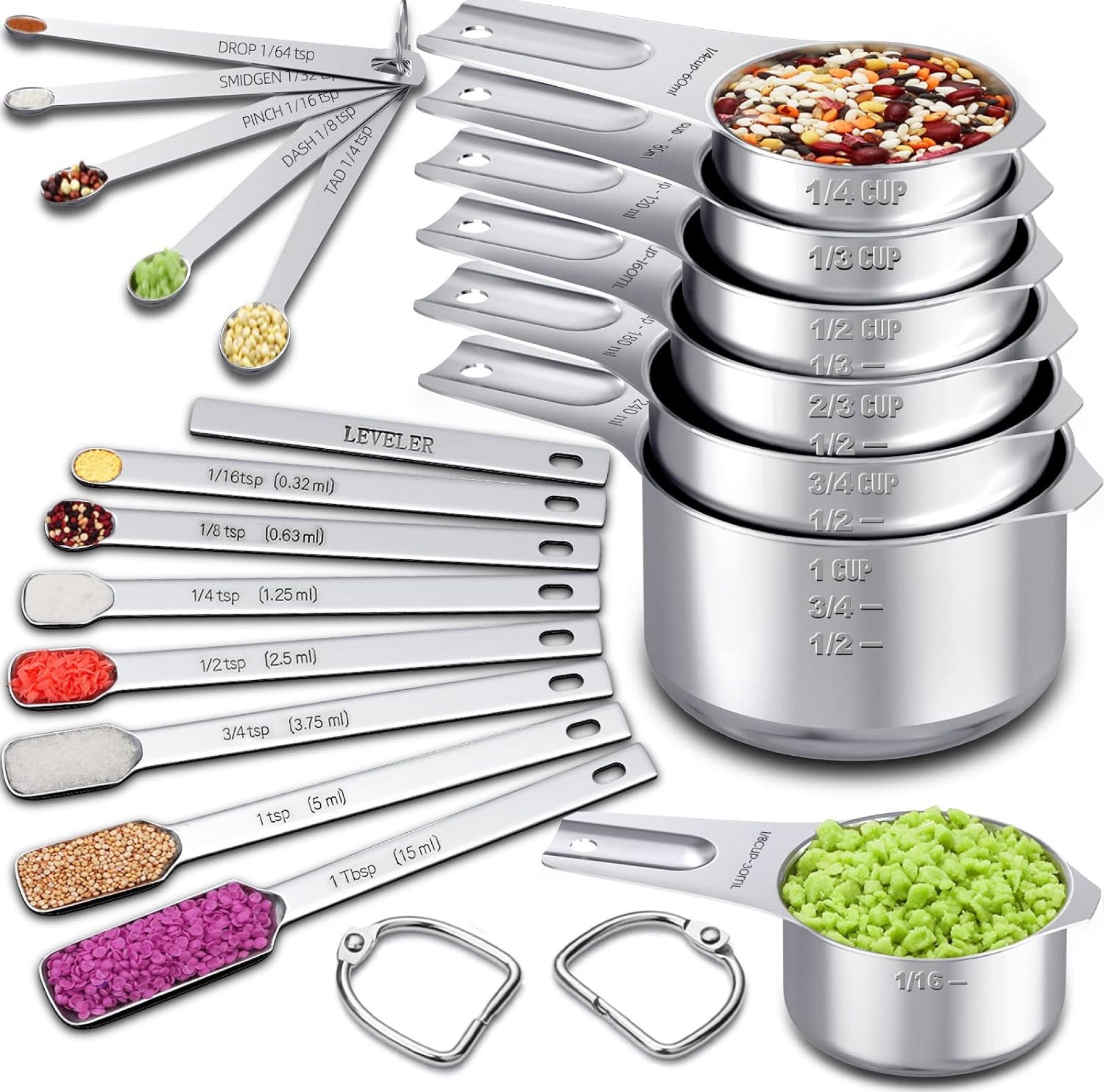 Measuring Cups and Spoons Set of 20, 7 Stainless Steel Nesting Measuring Cups & 7 Spoons, 1 + Leveler & 5 Mini Measuring Spoons for Cooking & Baking Measuring Cups and Spoons Set of 20, 7 Stainless Steel Nesting Measuring Cups & 7 Spoons, 1 + Leveler & 5 Mini Measuring Spoons for Cooking & Baking