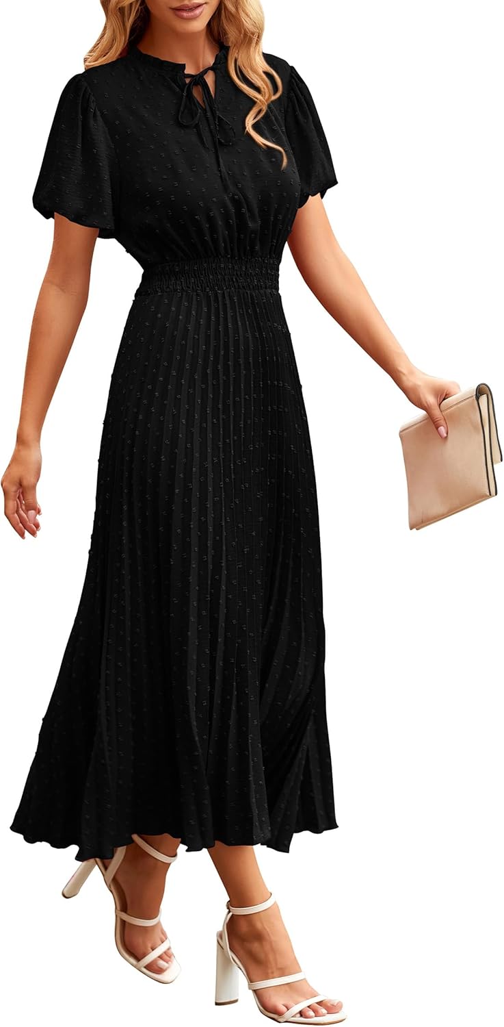 PRETTYGARDEN Womens Summer Midi Dresses Puff Short Sleeve V Neck Swiss Dot Pleated A Line Flowy Long Wedding Guest Dress PRETTYGARDEN Womens Summer Midi Dresses Puff Short Sleeve V Neck Swiss Dot Pleated A Line Flowy Long Wedding Guest Dress