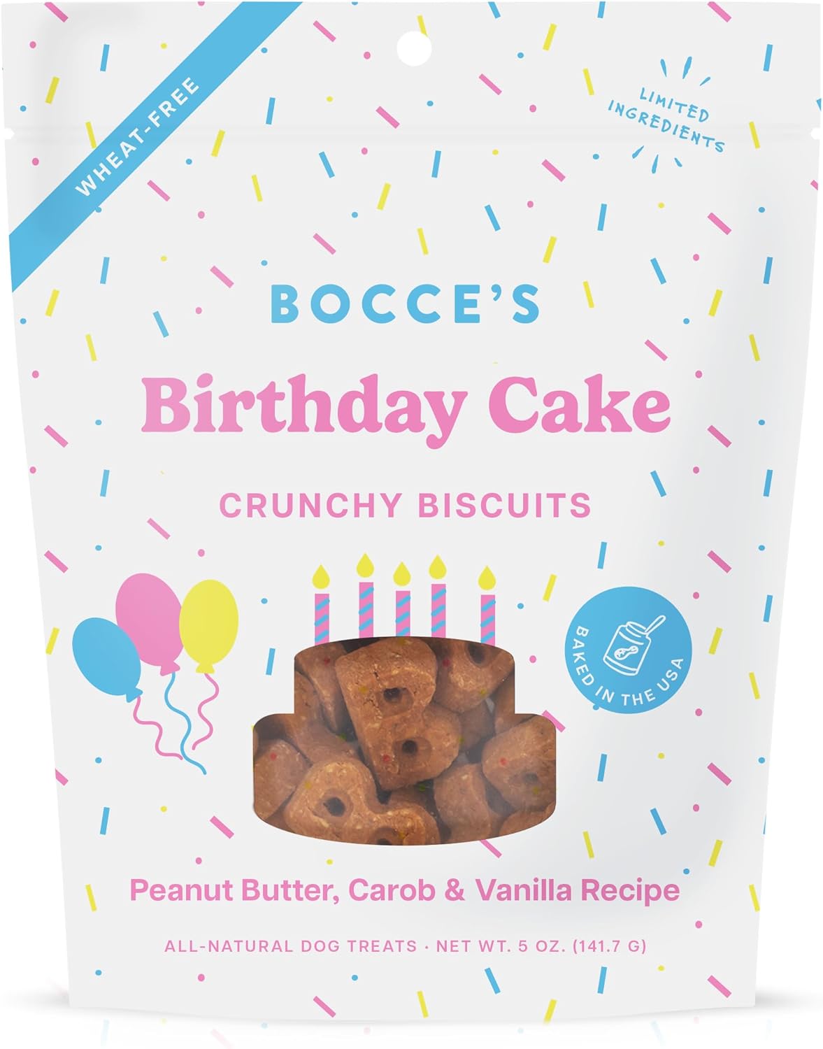 Bocce’s Bakery Birthday Cake Treats for Dogs – Special Edition Wheat-Free Dog Treats, Made with Real Ingredients, Baked in The USA, All-Natural Peanut Butter Vanilla Biscuits, 5 oz Bocce’s Bakery Birthday Cake Treats for Dogs – Special Edition Wheat-Free Dog Treats, Made with Real Ingredients, Baked in The USA, All-Natural Peanut Butter Vanilla Biscuits, 5 oz
