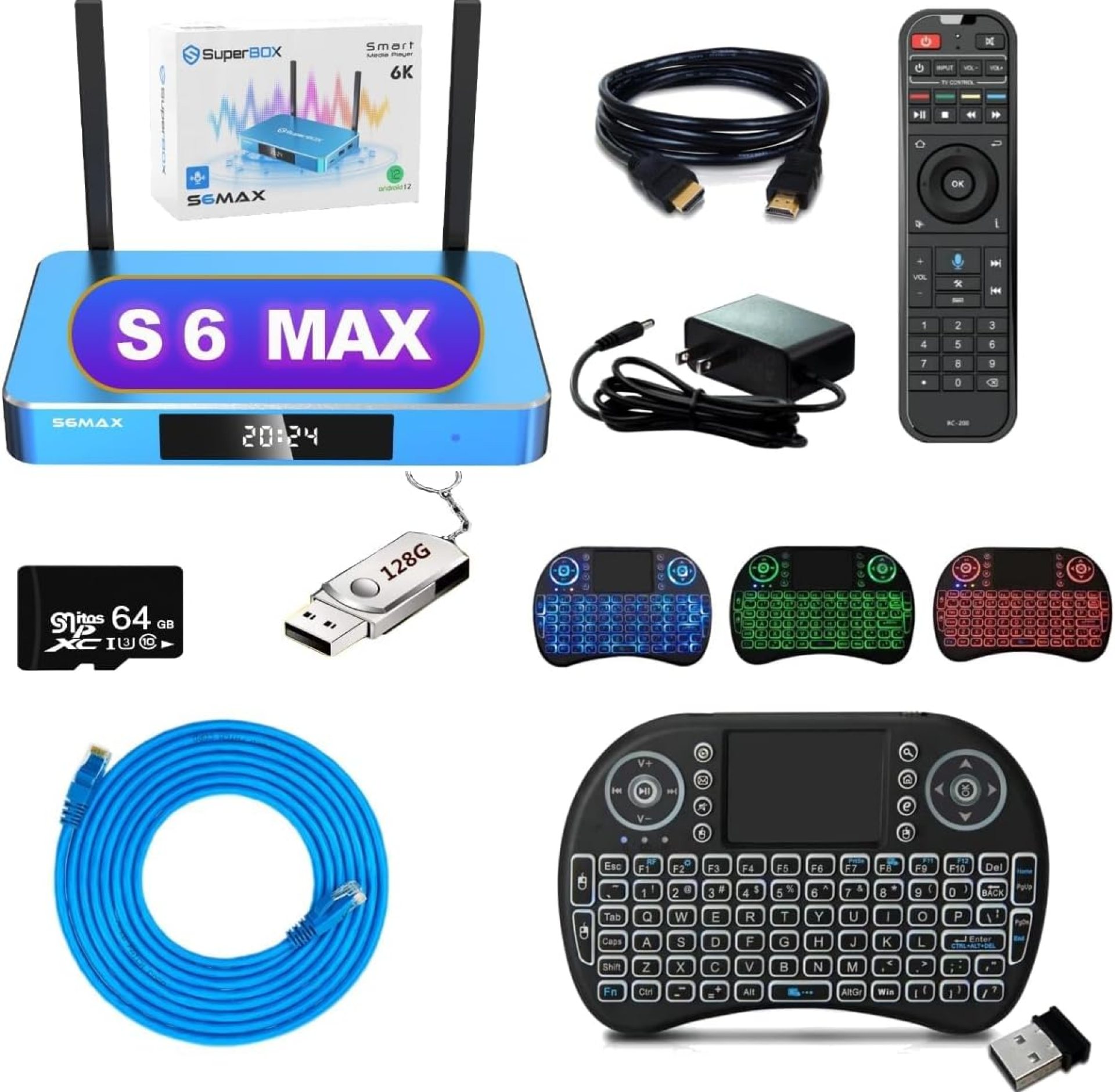 2025 New Generic Smart S6-MAX TV Box, 4G RAM + 128G ROM, Blue, 1 Voice Remote Control, 1 Removable Storage USB Flash Drive, 1 HD Data Cable, 1 Mini Keyboard 2025 New Generic Smart S6-MAX TV Box, 4G RAM + 128G ROM, Blue, 1 Voice Remote Control, 1 Removable Storage USB Flash Drive, 1 HD Data Cable, 1 Mini Keyboard