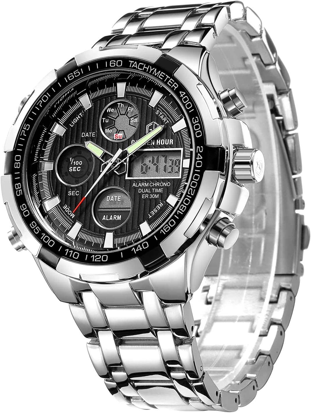 GOLDEN HOUR Luxury Stainless Steel Analog Digital Watches for Men Male Outdoor Sport Waterproof Big Heavy Wristwatch GOLDEN HOUR Luxury Stainless Steel Analog Digital Watches for Men Male Outdoor Sport Waterproof Big Heavy Wristwatch