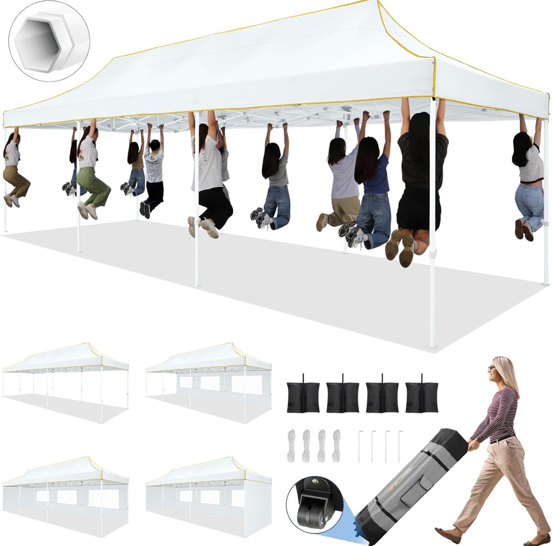 HOTEEL 10×30 Pop up Canopy Tent for Parties, Heavy Duty Easy Setup Tent with 5 Sidewalls, Outdoor Commercial Instant Gazebo for Wedding Event, with Roller Bag & Sand Bags, White(Hexagonal Frame) HOTEEL 10×30 Pop up Canopy Tent for Parties, Heavy Duty Easy Setup Tent with 5 Sidewalls, Outdoor Commercial Instant Gazebo for Wedding Event, with Roller Bag & Sand Bags, White(Hexagonal Frame)