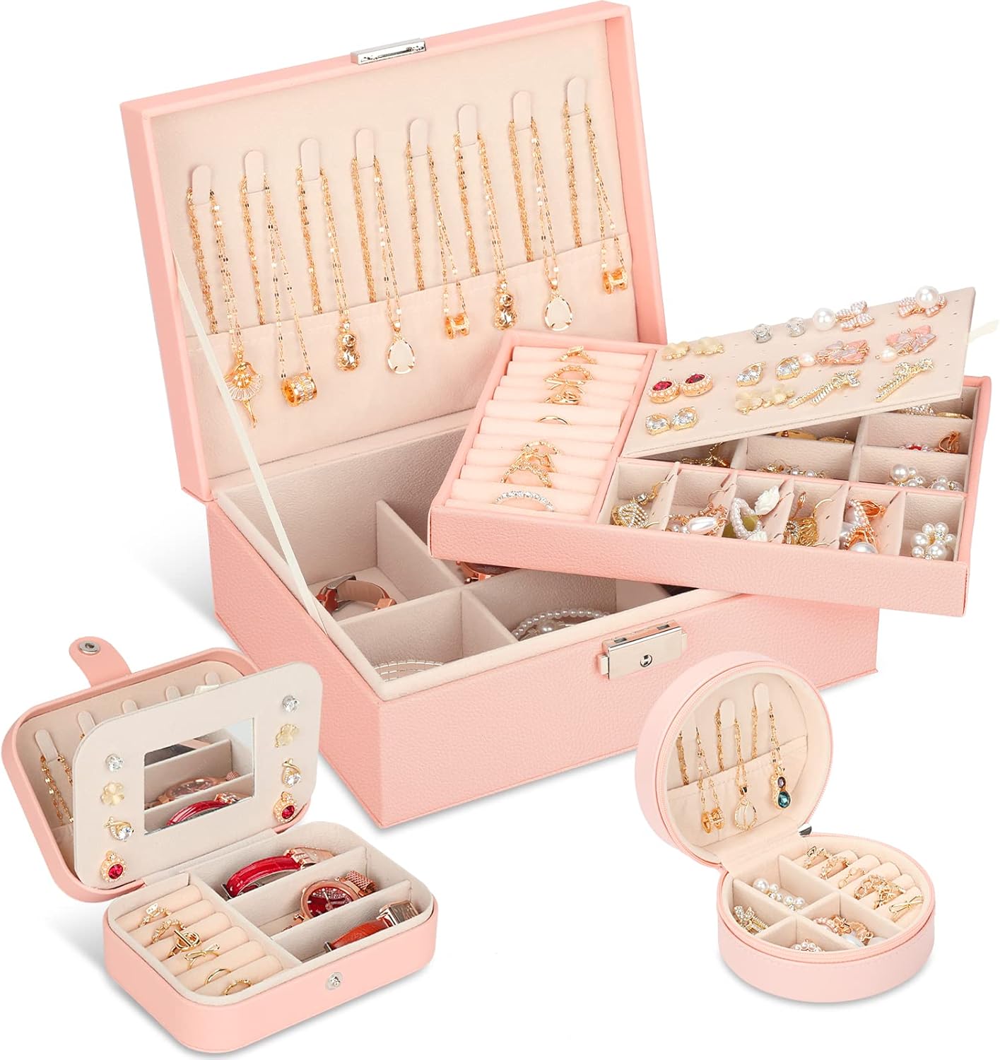3-Pack jewelry box, jewelry boxes for women & travel jewelry organizer with Mirror & Small Jewelry Box, Double Layer jewelry organizer box Girls Girlfriend Wife Ideal Gift 3-Pack jewelry box, jewelry boxes for women & travel jewelry organizer with Mirror & Small Jewelry Box, Double Layer jewelry organizer box Girls Girlfriend Wife Ideal Gift