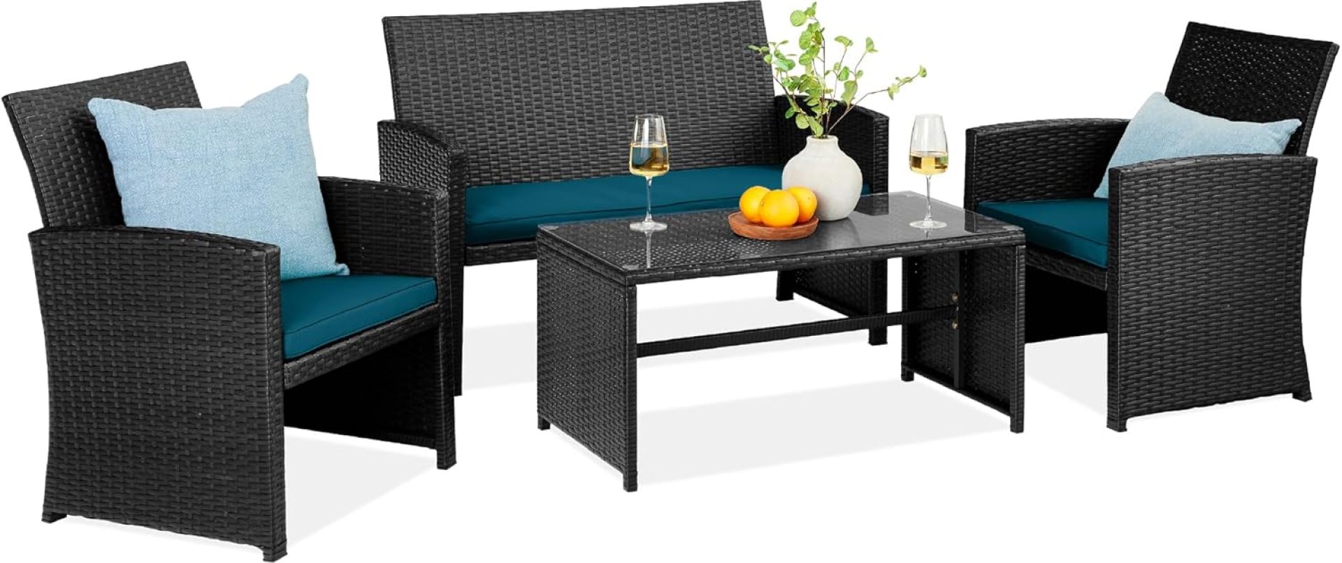 Best Choice Products 4-Piece Outdoor Wicker Patio Conversation Furniture Set for Backyard w/Coffee Table, Seat Cushions – Black/Peacock Best Choice Products 4-Piece Outdoor Wicker Patio Conversation Furniture Set for Backyard w/Coffee Table, Seat Cushions – Black/Peacock