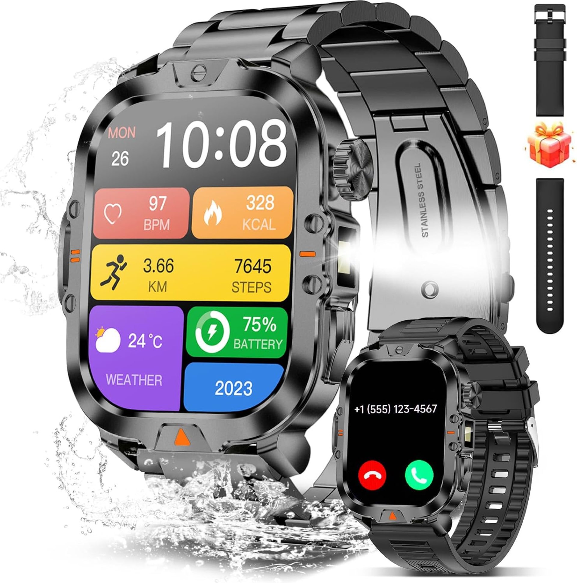 Smart Watch for Men Military Answer/Make Call 2.01″ Display 170+ Sports Modes Fitness Smart Watch IP68 Waterproof 30 Days Standby Smartwatch for Android iOS Black (2 Straps) Smart Watch for Men Military Answer/Make Call 2.01″ Display 170+ Sports Modes Fitness Smart Watch IP68 Waterproof 30 Days Standby Smartwatch for Android iOS Black (2 Straps)