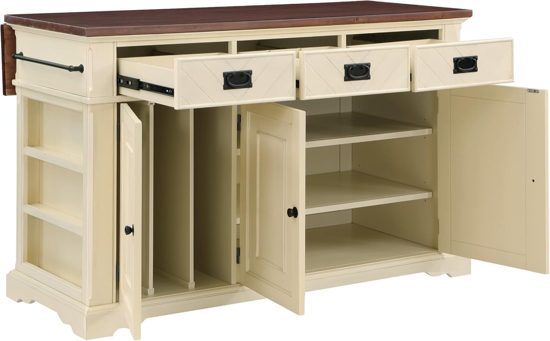 OSP Home Furnishings Palisade Kitchen Island with 3 Drawers and Cabinets with Adjustable Shelves and Pan Storage, White Finish OSP Home Furnishings Palisade Kitchen Island with 3 Drawers and Cabinets with Adjustable Shelves and Pan Storage, White Finish