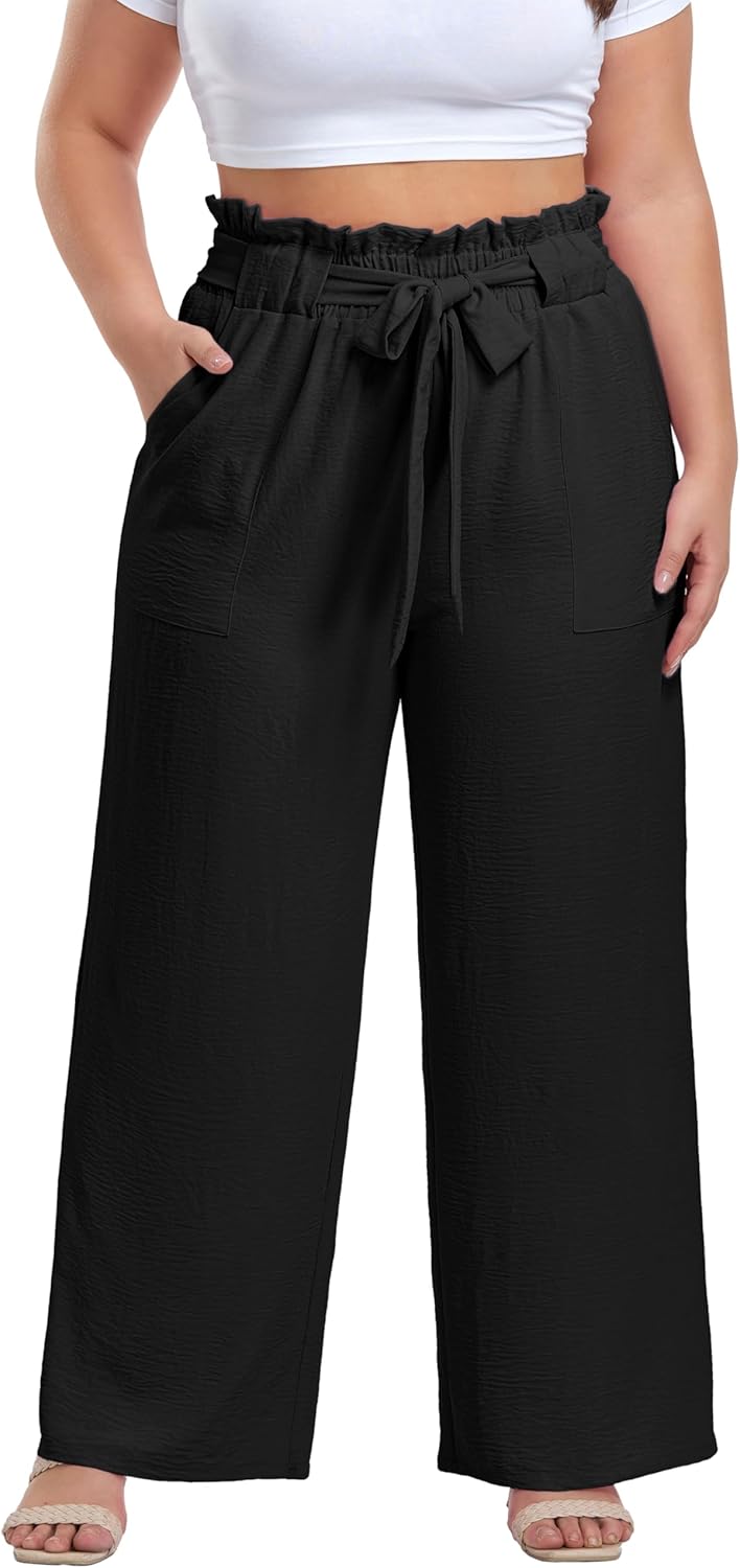 OLRIK Women’s Casual Plus Size Pants High Waisted Self-tie Belted Lounge Pants Straight Long Trousers with Pockets OLRIK Women’s Casual Plus Size Pants High Waisted Self-tie Belted Lounge Pants Straight Long Trousers with Pockets