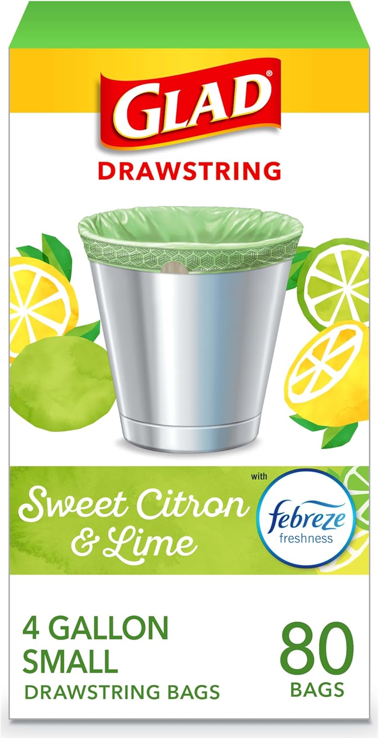 Glad Odorshield Small Drawstring Trash Bags, 4 Gal, Sweet Citron and Lime, 80 Ct, Pack May Vary Glad Odorshield Small Drawstring Trash Bags, 4 Gal, Sweet Citron and Lime, 80 Ct, Pack May Vary