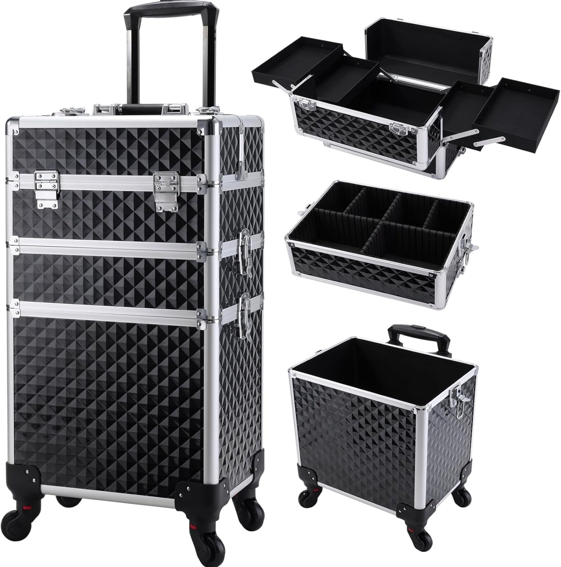 FRENESSA 3 in 1 Rolling Makeup Train Case Professional Cosmetic Trolley Large Storage with Keys Swivel Wheels Salon Barber Case Traveling Cart Trunk for Make Up Hairstylists Nail Tech, Vintage Black FRENESSA 3 in 1 Rolling Makeup Train Case Professional Cosmetic Trolley Large Storage with Keys Swivel Wheels Salon Barber Case Traveling Cart Trunk for Make Up Hairstylists Nail Tech, Vintage Black