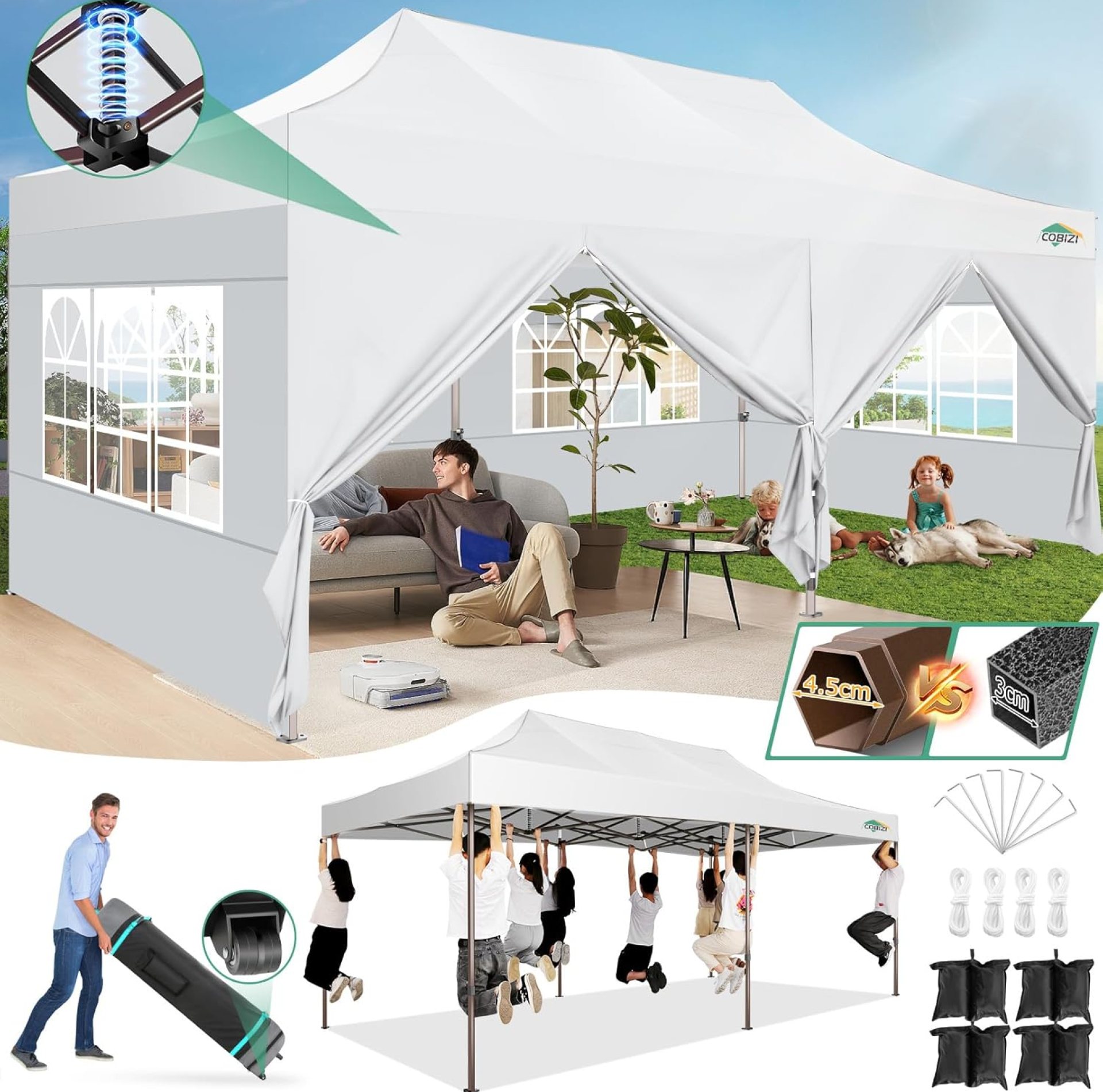 COBIZI 10×20 Pop up Heavy Duty Canopy Tent with 6 Sidewalls, Commercial Outdoor Gazebo with 600D Roller Bag, Easy Setup Party Tent for Wedding, Waterproof UV50+ 4.0 Hexagonal Thickened Frame(White) COBIZI 10×20 Pop up Heavy Duty Canopy Tent with 6 Sidewalls, Commercial Outdoor Gazebo with 600D Roller Bag, Easy Setup Party Tent for Wedding, Waterproof UV50+ 4.0 Hexagonal Thickened Frame(White)