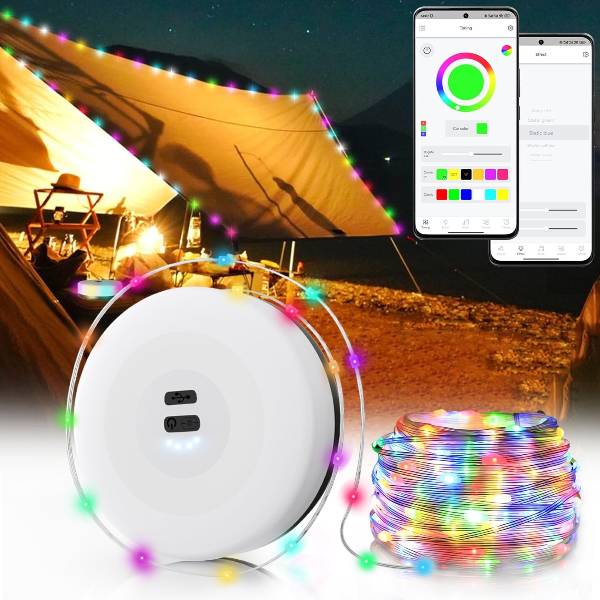 Rechargeable Camping String Light – LED Outdoor String Lights with APP Control (22.96Ft), RGB Tent Fairy Lights, Music Synchronized Light String for Outdoor Garden Party Festival Decoration Rechargeable Camping String Light – LED Outdoor String Lights with APP Control (22.96Ft), RGB Tent Fairy Lights, Music Synchronized Light String for Outdoor Garden Party Festival Decoration