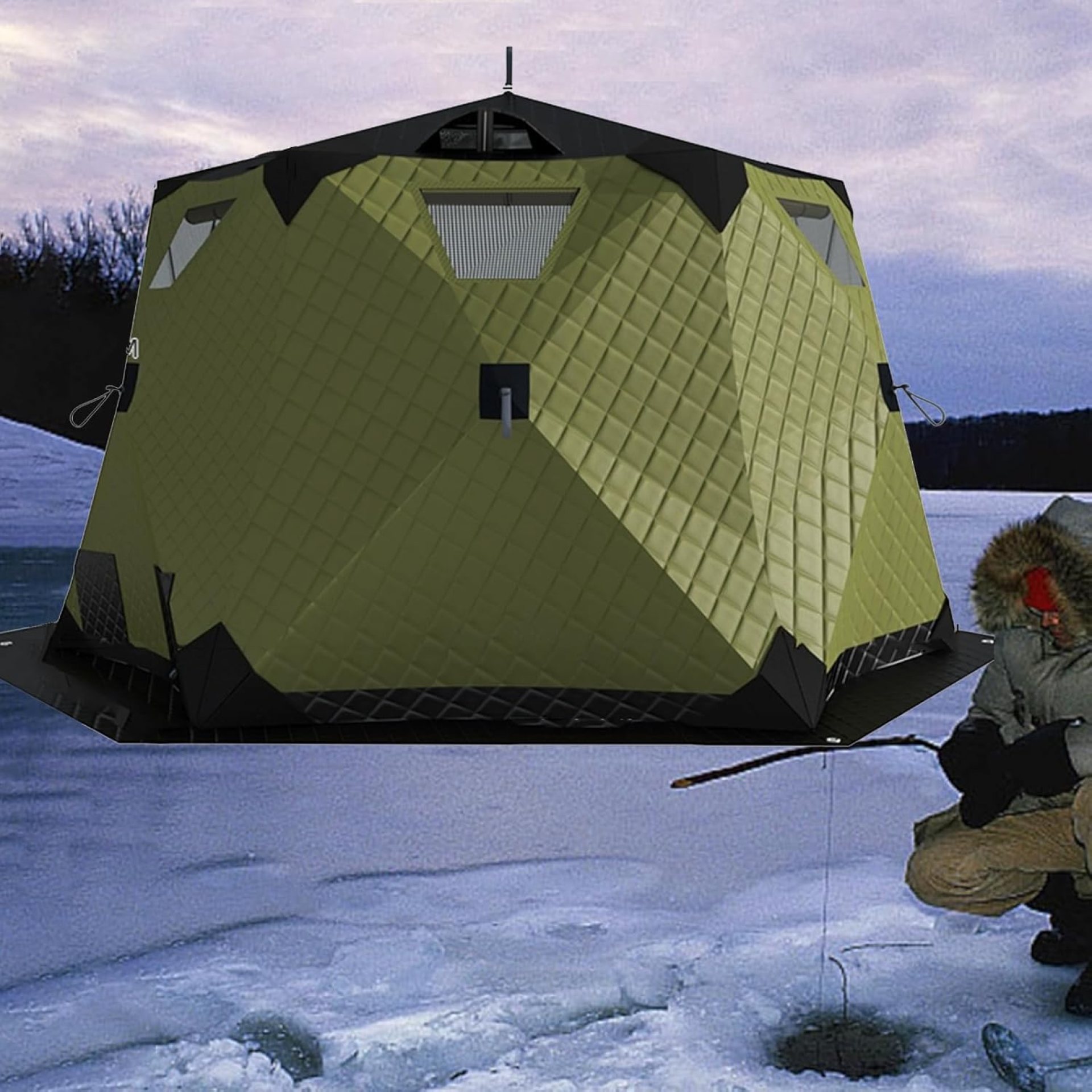 Ice Fishing Shelter with Stove Jack and Floor, Portable Ice Fishing Tent 420D Insulated Layer Ice Shanty Hexagon Ice Huts (Dark Green 260X260X170cm) Ice Fishing Shelter with Stove Jack and Floor, Portable Ice Fishing Tent 420D Insulated Layer Ice Shanty Hexagon Ice Huts (Dark Green 260X260X170cm)