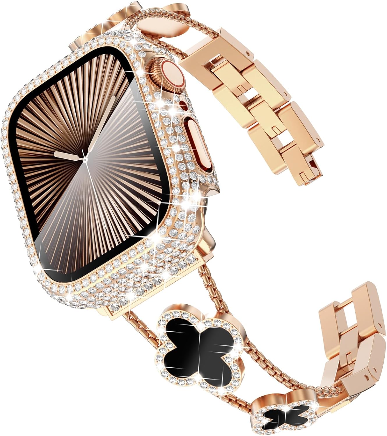 Surace Compatible with Apple Watch Series 10 Bands 46mm for Women, Jewelry Diamond Rhinestone Stainless Steel Metal Wristband Clover Strap with Bling Protective Case for Apple Watch 10, Rose Gold/Black Surace Compatible with Apple Watch Series 10 Bands 46mm for Women, Jewelry Diamond Rhinestone Stainless Steel Metal Wristband Clover Strap with Bling Protective Case for Apple Watch 10, Rose Gold/Black