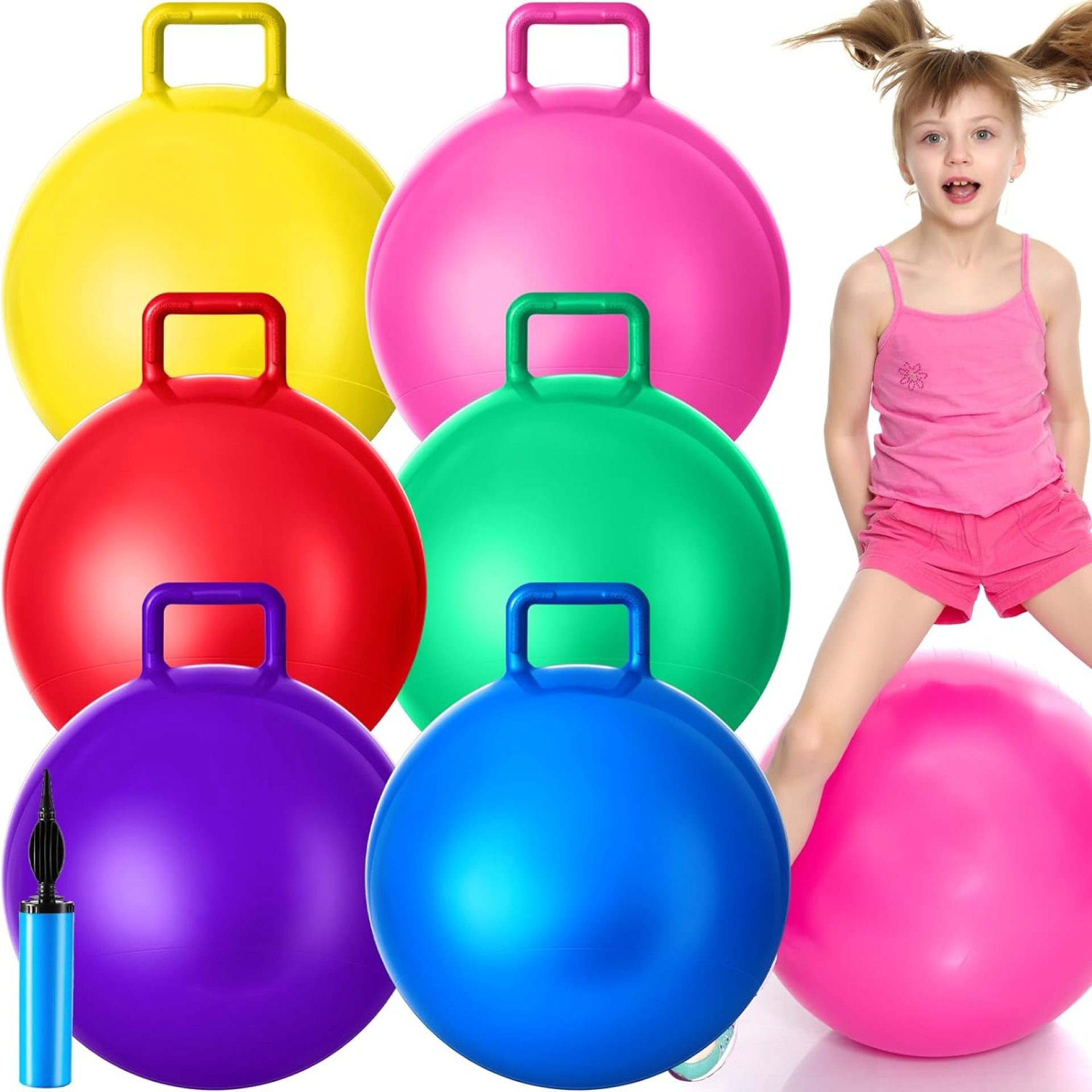 Lewtemi 6 Pcs Hopper Ball Carnival Outdoor Games 22 Inch Jumping Hopping Inflatable Bouncing Ball with Handle and Air Pump for Kids Sport Exercise(Red, Blue, Green, Pink, Yellow, Purple) Lewtemi 6 Pcs Hopper Ball Carnival Outdoor Games 22 Inch Jumping Hopping Inflatable Bouncing Ball with Handle and Air Pump for Kids Sport Exercise(Red, Blue, Green, Pink, Yellow, Purple)