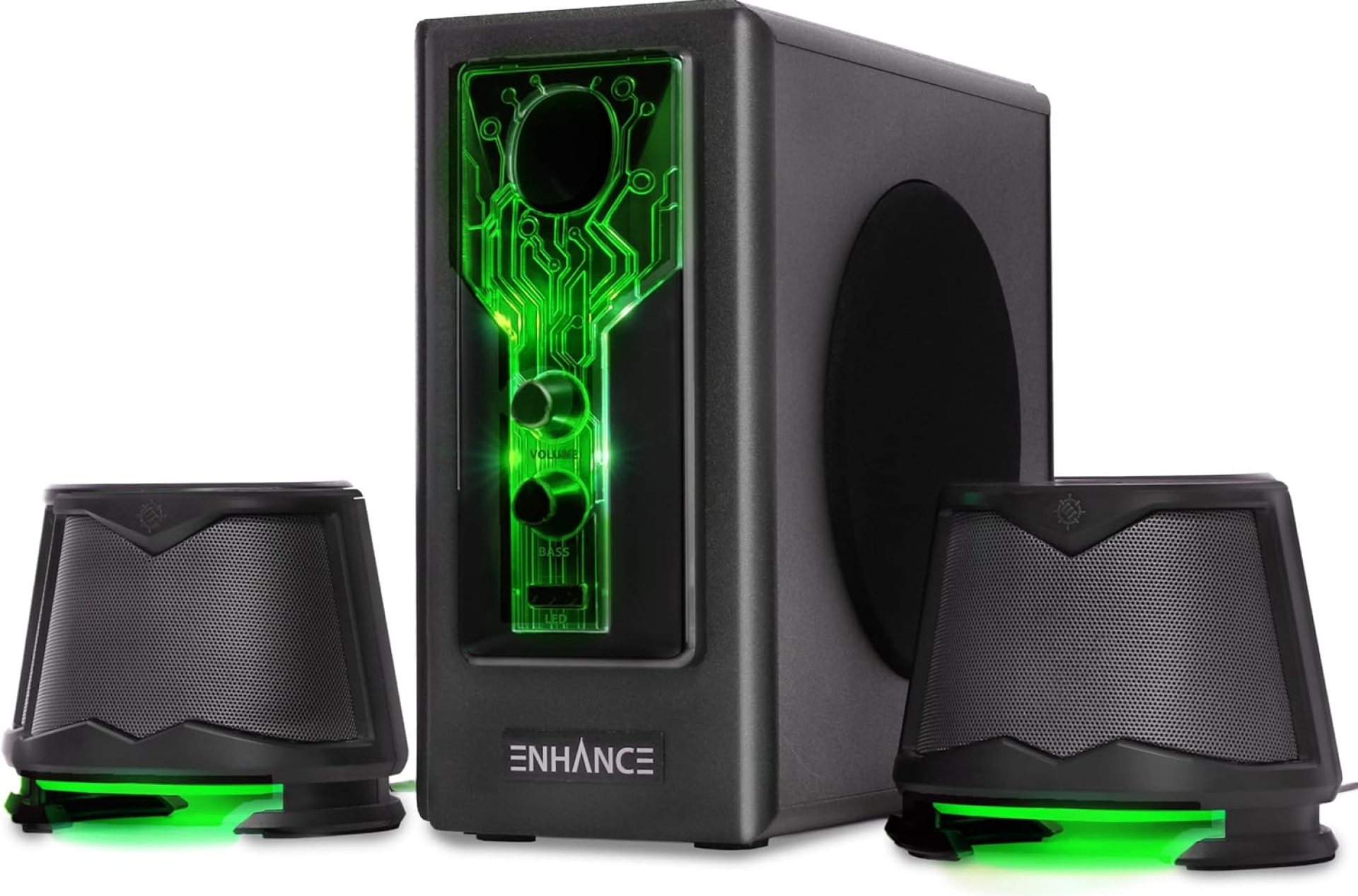 ENHANCE SB 2.1 Computer Speakers with Subwoofer – Green LED Gaming Speakers, Computer Subwoofer System, AC Powered & 3.5mm, Volume and Bass Control, Compatible with Gaming PC, Desktop, Laptop ENHANCE SB 2.1 Computer Speakers with Subwoofer – Green LED Gaming Speakers, Computer Subwoofer System, AC Powered & 3.5mm, Volume and Bass Control, Compatible with Gaming PC, Desktop, Laptop