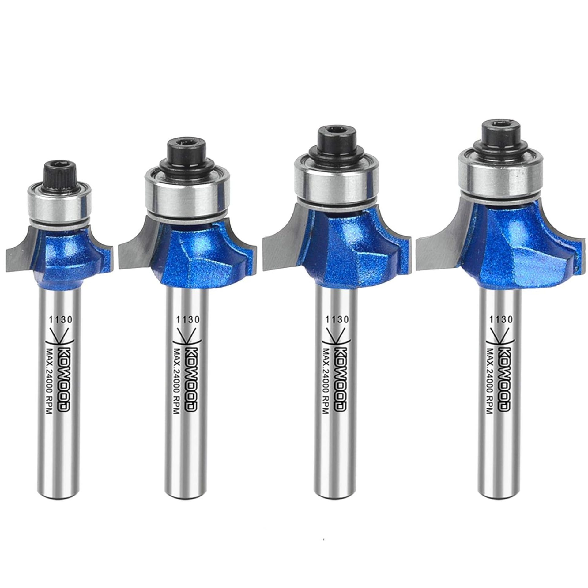 KOWOOD Plus Round-Over Router Bit Set, 1/4 Inch Shank, Radius in 1/8”, 5/32”, 3/16”, 1/4”. with updated Kowood C3 Carbide. Great for round edges, Ideal for table, drawer or cabinet edges KOWOOD Plus Round-Over Router Bit Set, 1/4 Inch Shank, Radius in 1/8”, 5/32”, 3/16”, 1/4”. with updated Kowood C3 Carbide. Great for round edges, Ideal for table, drawer or cabinet edges