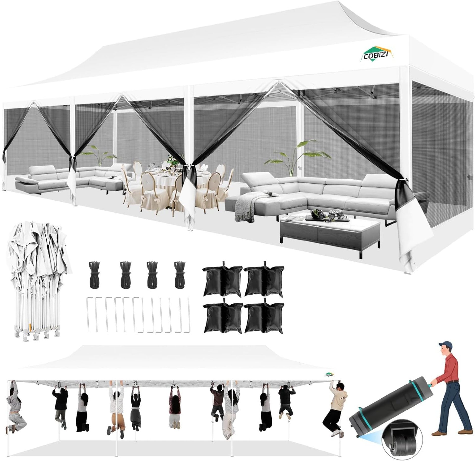 COBIZI 10×30 Canopy Tent with 8 Sidewalls,Heavy Duty Pop up Canopy Party Tent with Mosquito Netting,Easy up Screen Canopy for Parties Wedding Outdoor Patio with Roller Bag,Sandbag,White COBIZI 10×30 Canopy Tent with 8 Sidewalls,Heavy Duty Pop up Canopy Party Tent with Mosquito Netting,Easy up Screen Canopy for Parties Wedding Outdoor Patio with Roller Bag,Sandbag,White