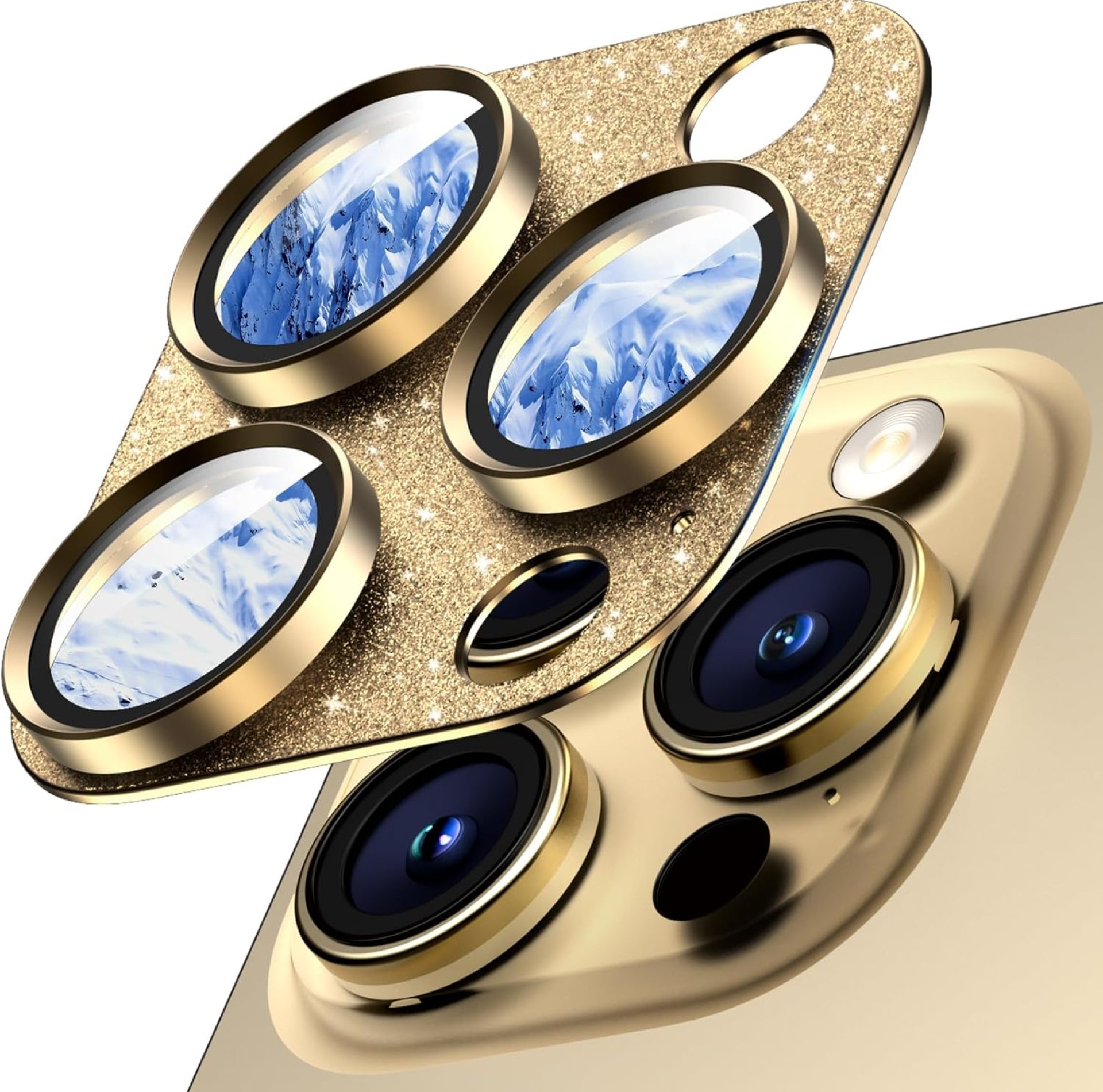 Camera Lens Protector for iPhone 16 Pro Max/16 Pro/15 Pro Max/15 Pro/14 Pro Max/14 Pro, Aluminum Alloy Sapphire Glass Camera Screen Cover, Case Friendly- Glitter Gold Camera Lens Protector for iPhone 16 Pro Max/16 Pro/15 Pro Max/15 Pro/14 Pro Max/14 Pro, Aluminum Alloy Sapphire Glass Camera Screen Cover, Case Friendly- Glitter Gold