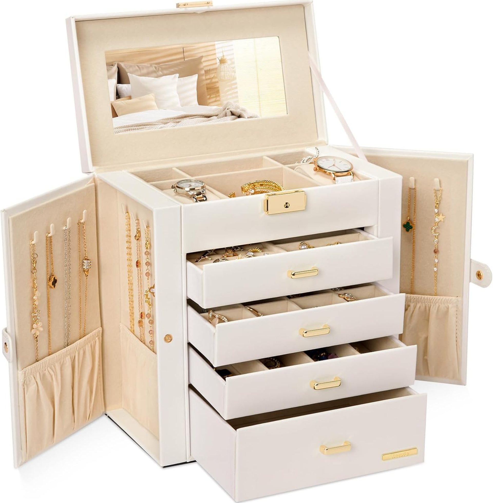 Homde Synthetic Leather Huge Jewelry Box Mirrored Watch Organizer Necklace Ring Earring Storage Lockable Gift Case (White + Gold) Homde Synthetic Leather Huge Jewelry Box Mirrored Watch Organizer Necklace Ring Earring Storage Lockable Gift Case (White + Gold)