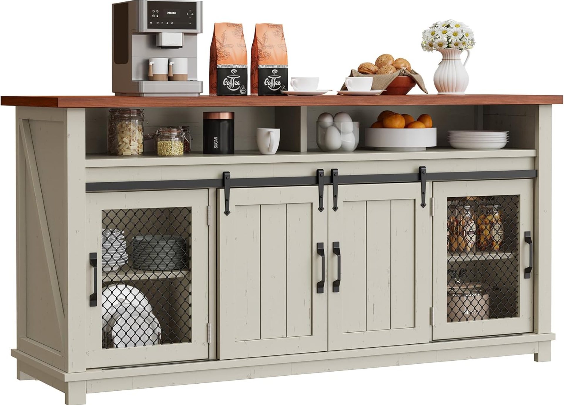 DWVO 63″ Farmhouse Buffet Cabinet with Storage, Large Coffee Bar Cabinet with 2 Sliding Barn Doors & 2 Visual Grid Doors, Kitchen Sideboard Storage Cabinet for Living Room, White DWVO 63″ Farmhouse Buffet Cabinet with Storage, Large Coffee Bar Cabinet with 2 Sliding Barn Doors & 2 Visual Grid Doors, Kitchen Sideboard Storage Cabinet for Living Room, White