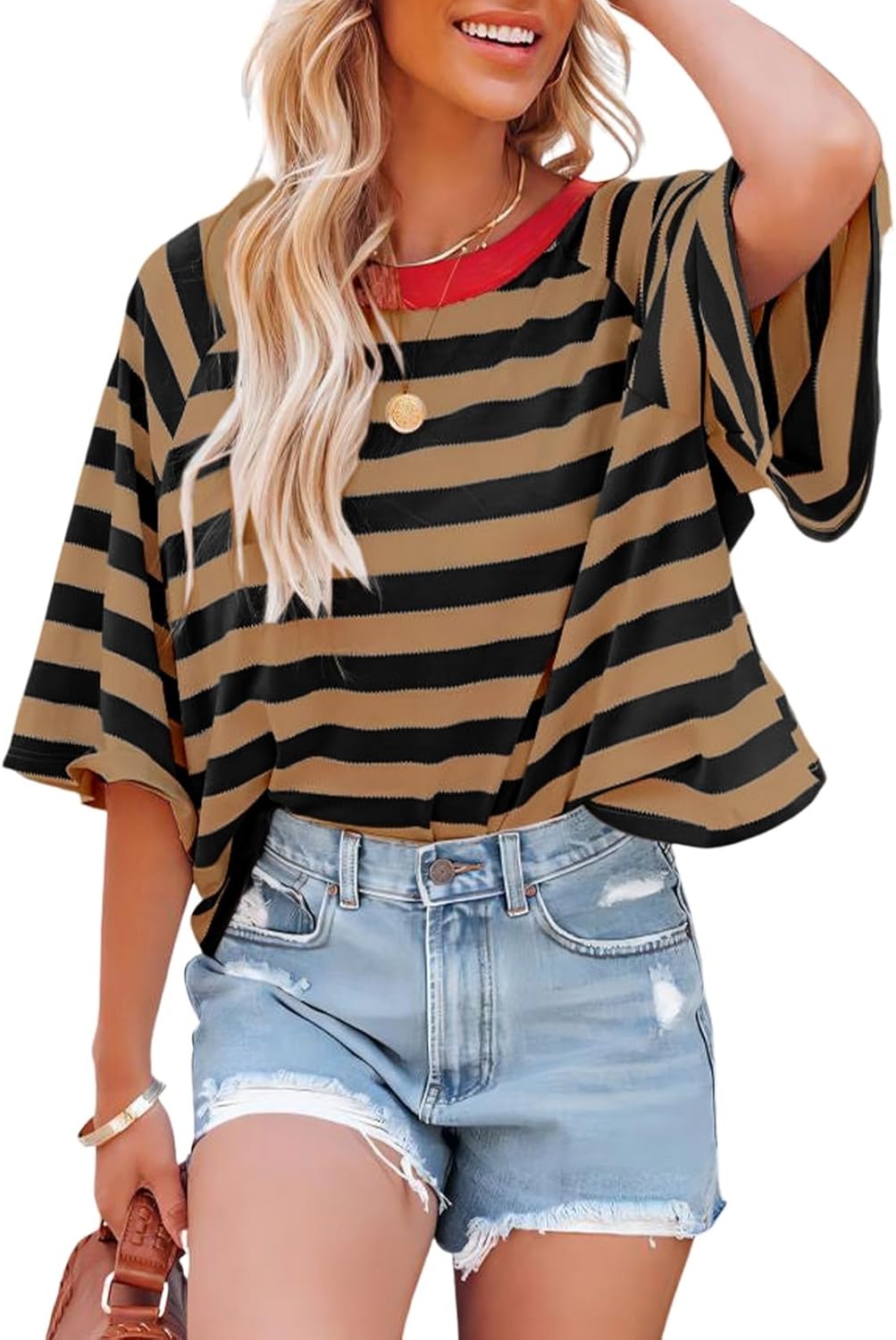 Dokotoo Tops for Women Striped 2025 Fashion T Shirts for Women Color Block Crewneck Design Loose Basic Tee Dokotoo Tops for Women Striped 2025 Fashion T Shirts for Women Color Block Crewneck Design Loose Basic Tee
