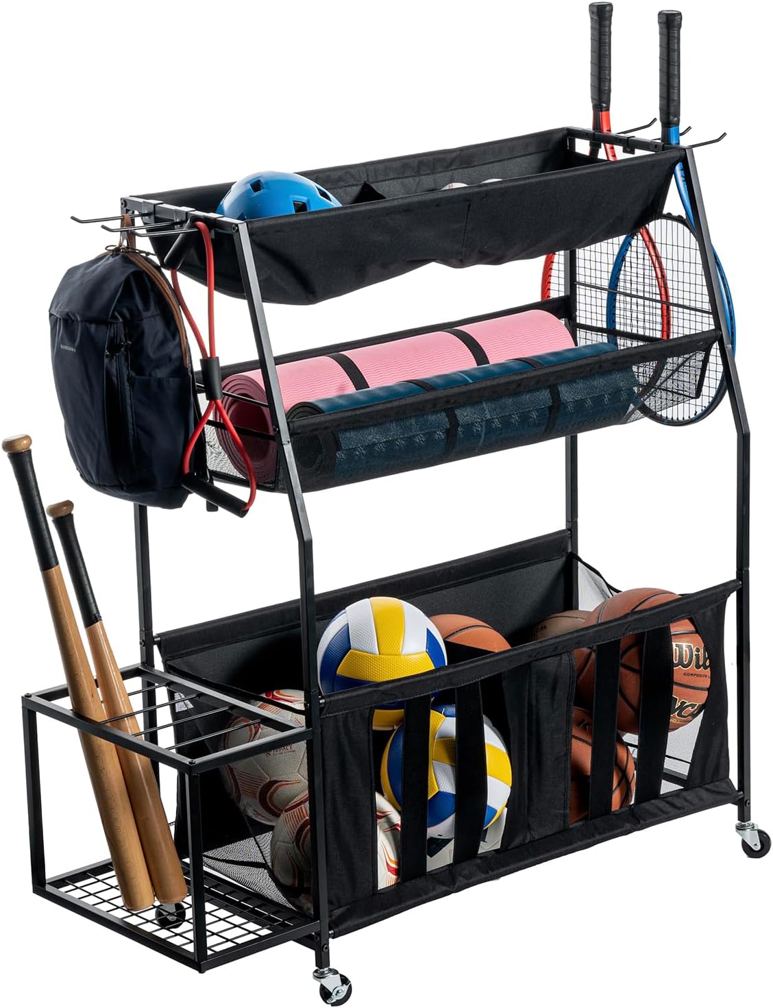 MyGift 3 Tier Black Metal Sports Rack Organizer Cart with Wheels and Mesh Fabric Shelf Baskets, Rolling Gym Equipment Yoga Mat Storage Stand with Ball Toy Bins and 6 Hooks MyGift 3 Tier Black Metal Sports Rack Organizer Cart with Wheels and Mesh Fabric Shelf Baskets, Rolling Gym Equipment Yoga Mat Storage Stand with Ball Toy Bins and 6 Hooks