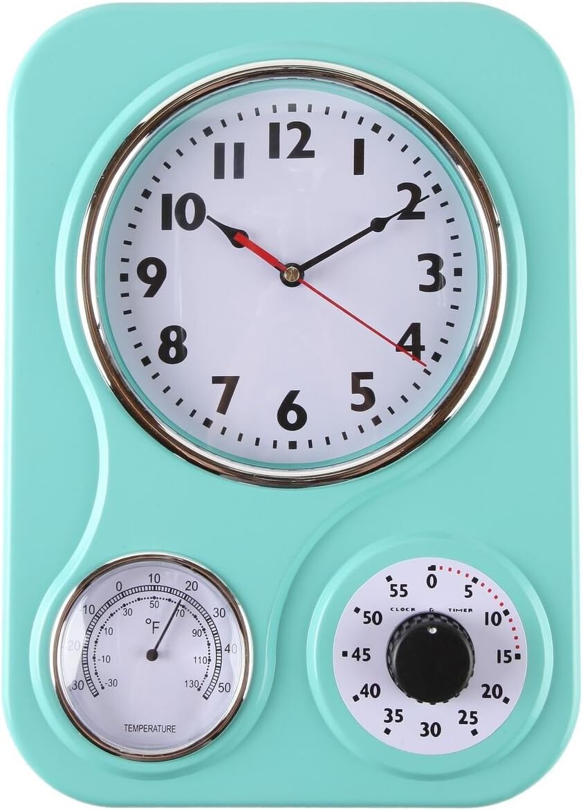 Lily’s Home Retro Kitchen Wall Clock, with a Thermometer and 60-Minute Timer, Ideal for Any Kitchen, Turquoise (9.5 in x 13.3 in) Lily’s Home Retro Kitchen Wall Clock, with a Thermometer and 60-Minute Timer, Ideal for Any Kitchen, Turquoise (9.5 in x 13.3 in)