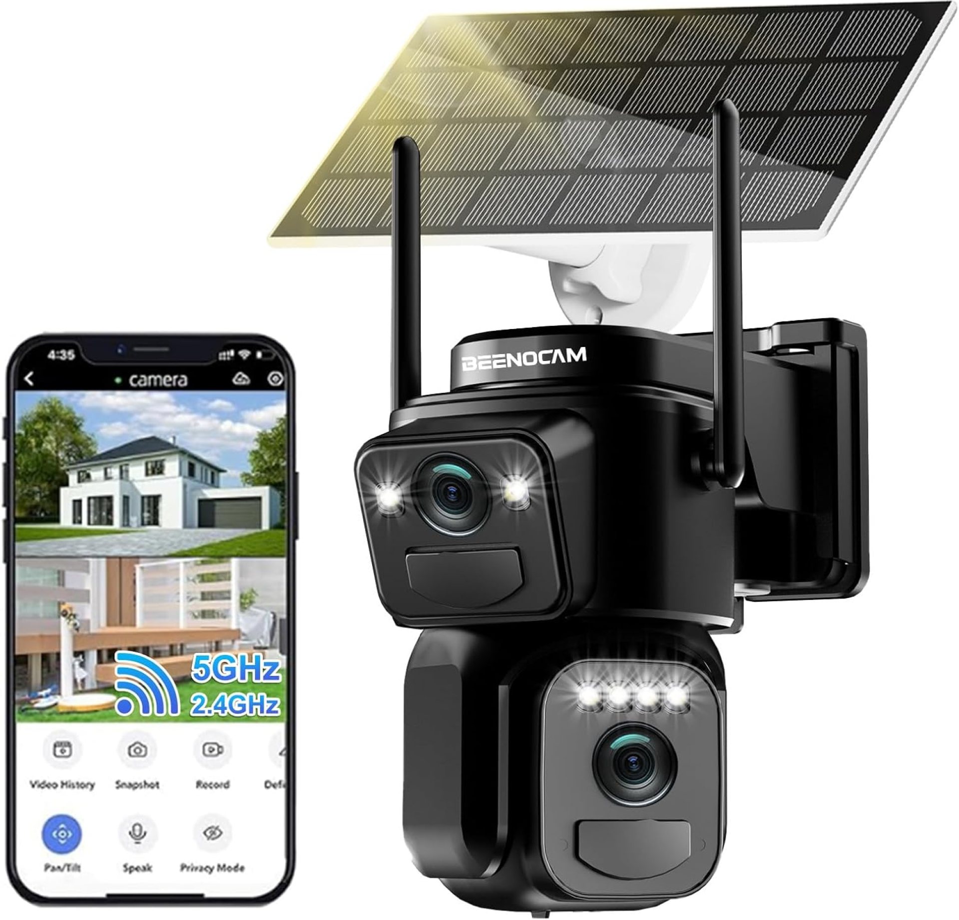 BEENOCAM 4K Solar Security Cameras Wireless Outdoor, Dual Lens 360°PTZ Solar Cameras for Home Security with Color Night Vision,PIR Human Detection, Auto Tracking,Spotlight/Siren Alarm, 2.4/5Ghz WiFi BEENOCAM 4K Solar Security Cameras Wireless Outdoor, Dual Lens 360°PTZ Solar Cameras for Home Security with Color Night Vision,PIR Human Detection, Auto Tracking,Spotlight/Siren Alarm, 2.4/5Ghz WiFi