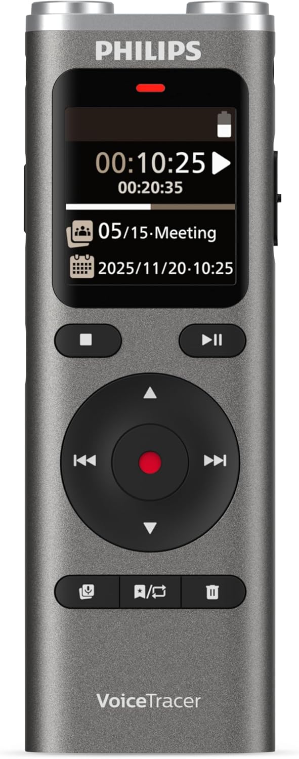 Philips DVT2075 VoiceTracer, Audio Recorder, 8GB, MP3, Stereo, Rechargeable Li-Polymer Battery. Sembly AI for Multi-Speaker Speech Recognition, Creation of Summaries, Meeting Minutes and to-do-Lists Philips DVT2075 VoiceTracer, Audio Recorder, 8GB, MP3, Stereo, Rechargeable Li-Polymer Battery. Sembly AI for Multi-Speaker Speech Recognition, Creation of Summaries, Meeting Minutes and to-do-Lists