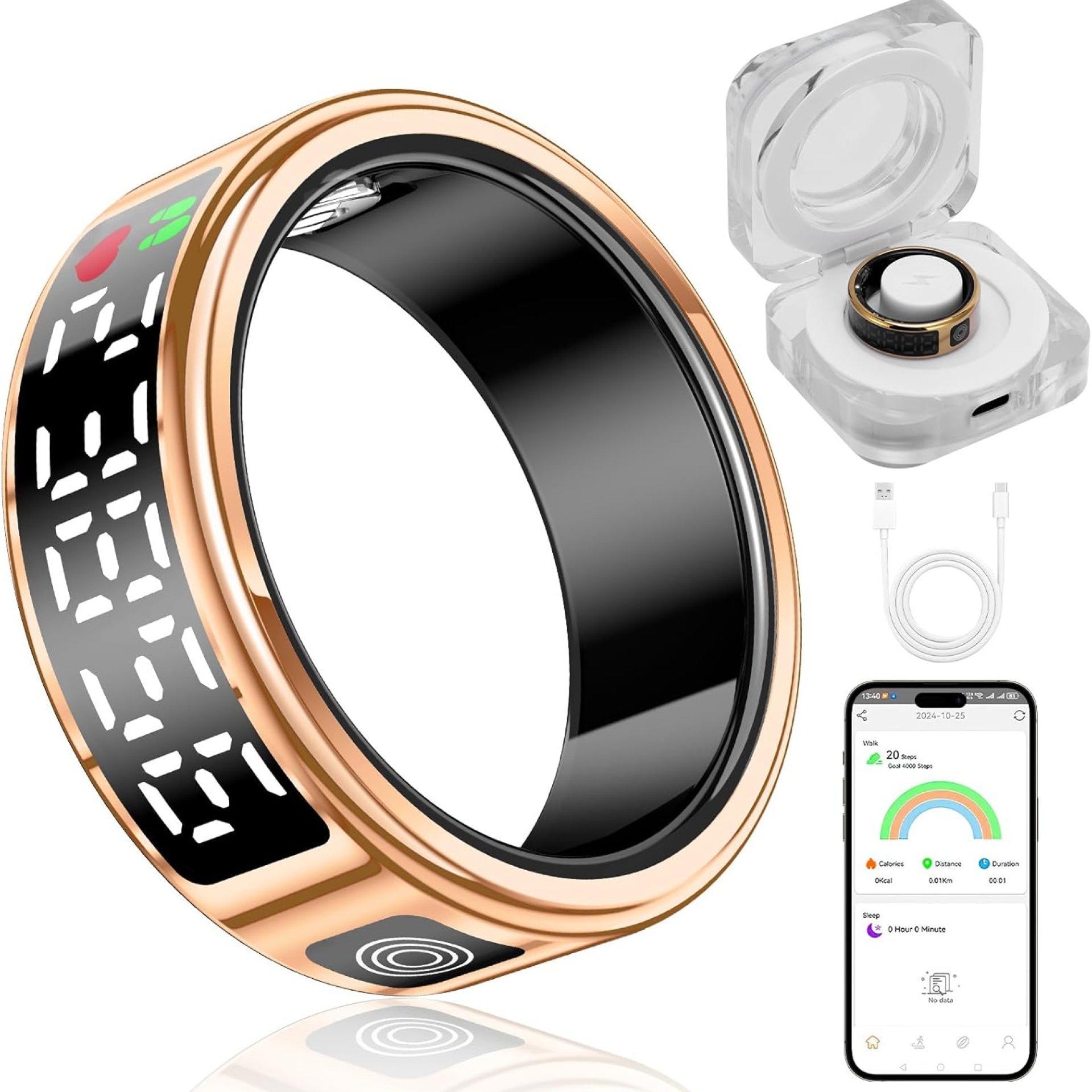 Smart Ring with Display – Fitness Tracker, Heart Rate Monitor, Sleep Tracker, Step Counter, Gesture Control for TikTok & Camera – IP68 Waterproof, Extended Battery Life Gold #08 Smart Ring with Display – Fitness Tracker, Heart Rate Monitor, Sleep Tracker, Step Counter, Gesture Control for TikTok & Camera – IP68 Waterproof, Extended Battery Life Gold #08