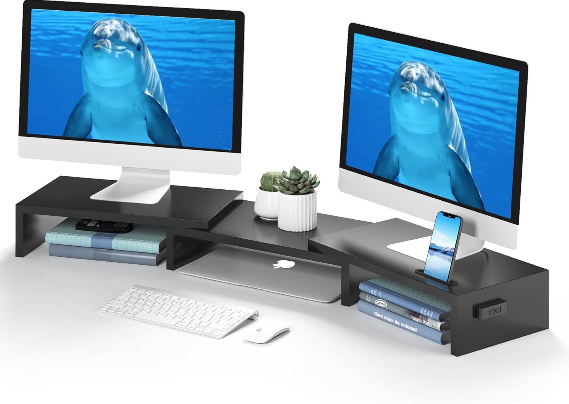 BONTEC Dual Monitor Stand Riser with Smartphone Holder, Adjustable Length & Swivel Angle, Ergonomic Wooden Desktop Organizer for PC Monitor, Laptop, Printer, Large Storage, Black BONTEC Dual Monitor Stand Riser with Smartphone Holder, Adjustable Length & Swivel Angle, Ergonomic Wooden Desktop Organizer for PC Monitor, Laptop, Printer, Large Storage, Black