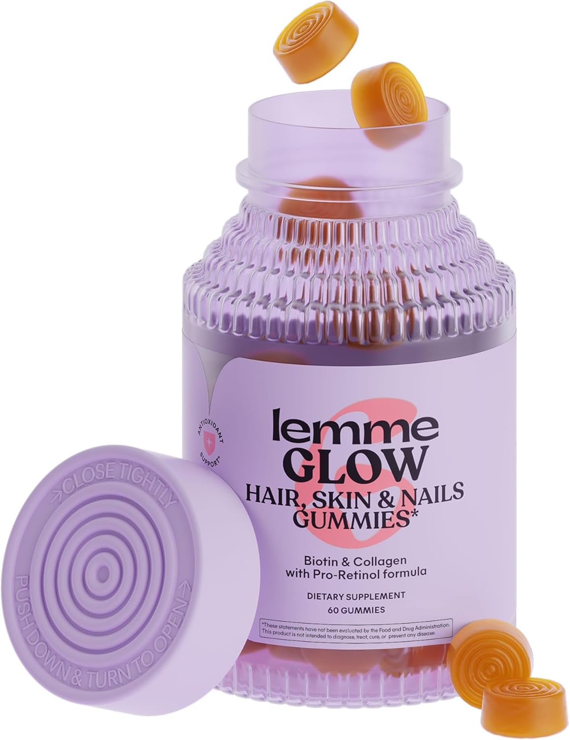 Lemme Glow Collagen Gummies for Thick Hair, Strong Nails & Healthy Skin with Multi-Collagen Peptides, Biotin, Trace Minerals, Zinc, Vitamins A, C & E, Dairy & Gluten Free, Peach Flavor, 60 ct. Lemme Glow Collagen Gummies for Thick Hair, Strong Nails & Healthy Skin with Multi-Collagen Peptides, Biotin, Trace Minerals, Zinc, Vitamins A, C & E, Dairy & Gluten Free, Peach Flavor, 60 ct.