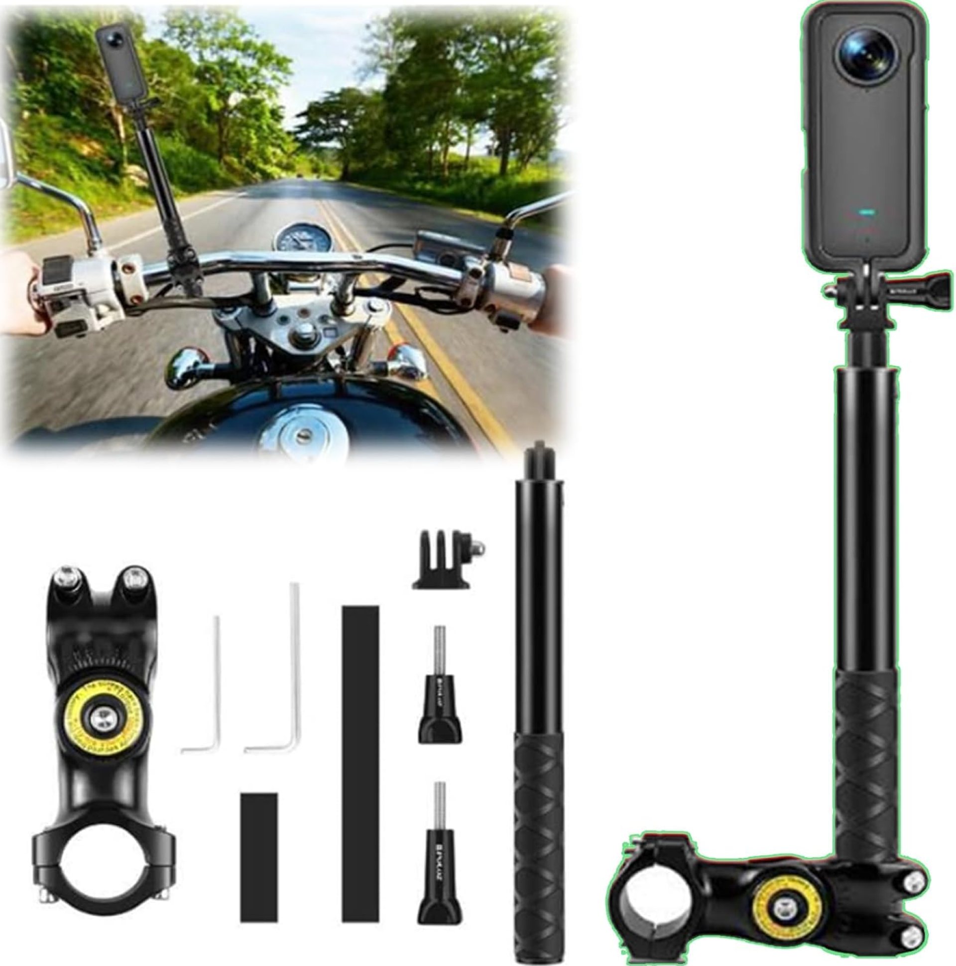 Motorcycle Mount Bracket with Invisible Selfie Stick Compatible with Insta360 X5/X4/ONE X3/X2/for DJI Osmo Action 5 Pro/Action 4 Cameras Bike Handlebars Mount Motorcycle Mount Bracket with Invisible Selfie Stick Compatible with Insta360 X5/X4/ONE X3/X2/for DJI Osmo Action 5 Pro/Action 4 Cameras Bike Handlebars Mount