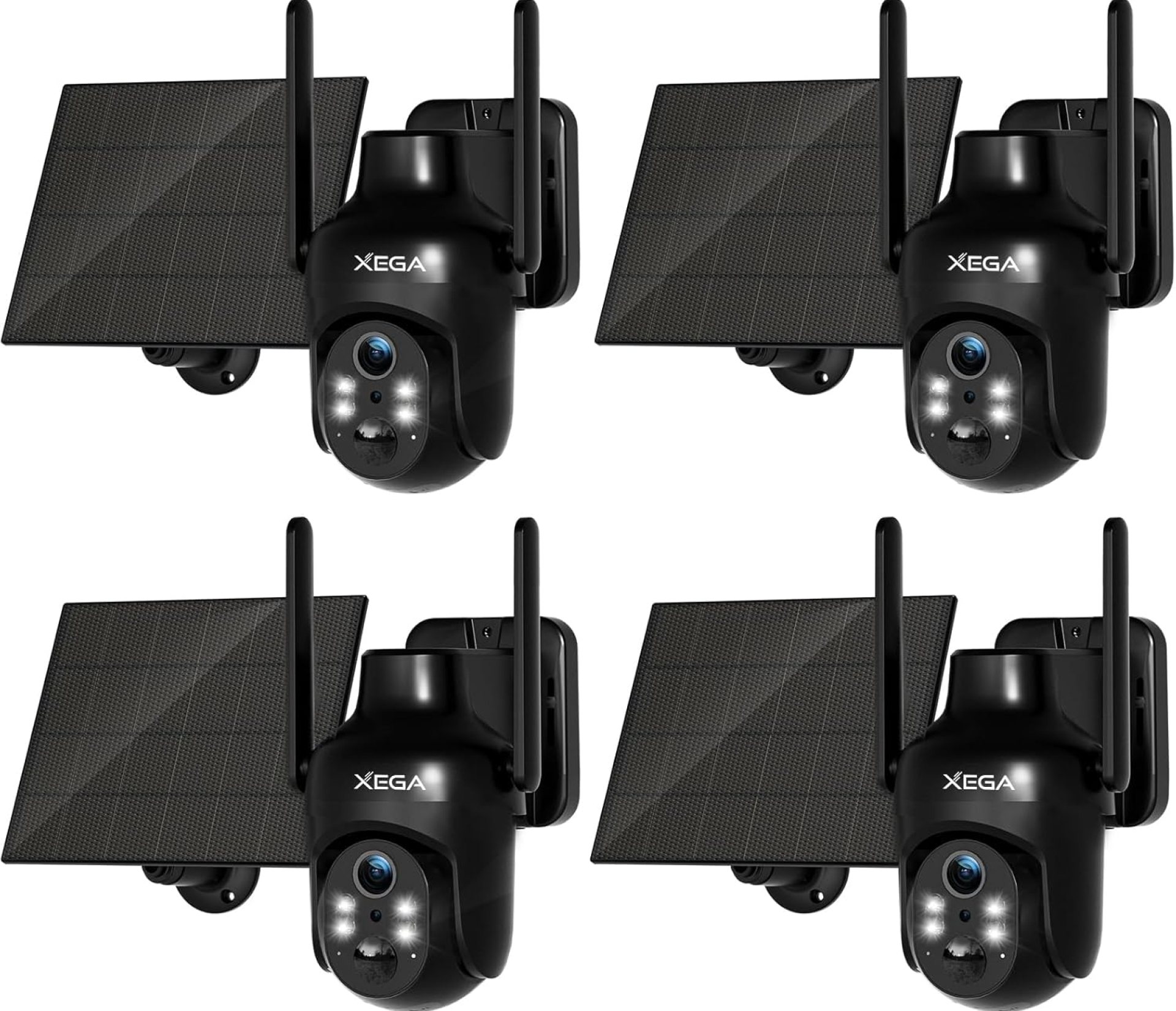 Xega 4 Pack Security Camera Wireless Outdoor, 2K PTZ Camera WiFi Surveillance Rechargeable Battery with Solar Panel, Color Night Vision, 2-Way Audio, PIR Motion Detection, Spotlight & Siren, IP66 Xega 4 Pack Security Camera Wireless Outdoor, 2K PTZ Camera WiFi Surveillance Rechargeable Battery with Solar Panel, Color Night Vision, 2-Way Audio, PIR Motion Detection, Spotlight & Siren, IP66