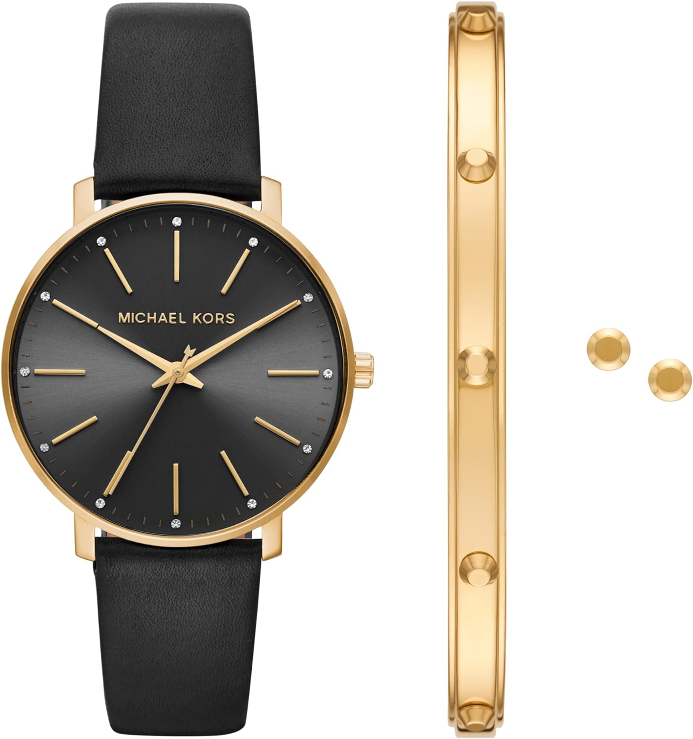 Michael Kors Pyper Three-Hand Black Leather Women’s Watch and Jewelry Gift Set (Model: MK1077SET) Michael Kors Pyper Three-Hand Black Leather Women’s Watch and Jewelry Gift Set (Model: MK1077SET)