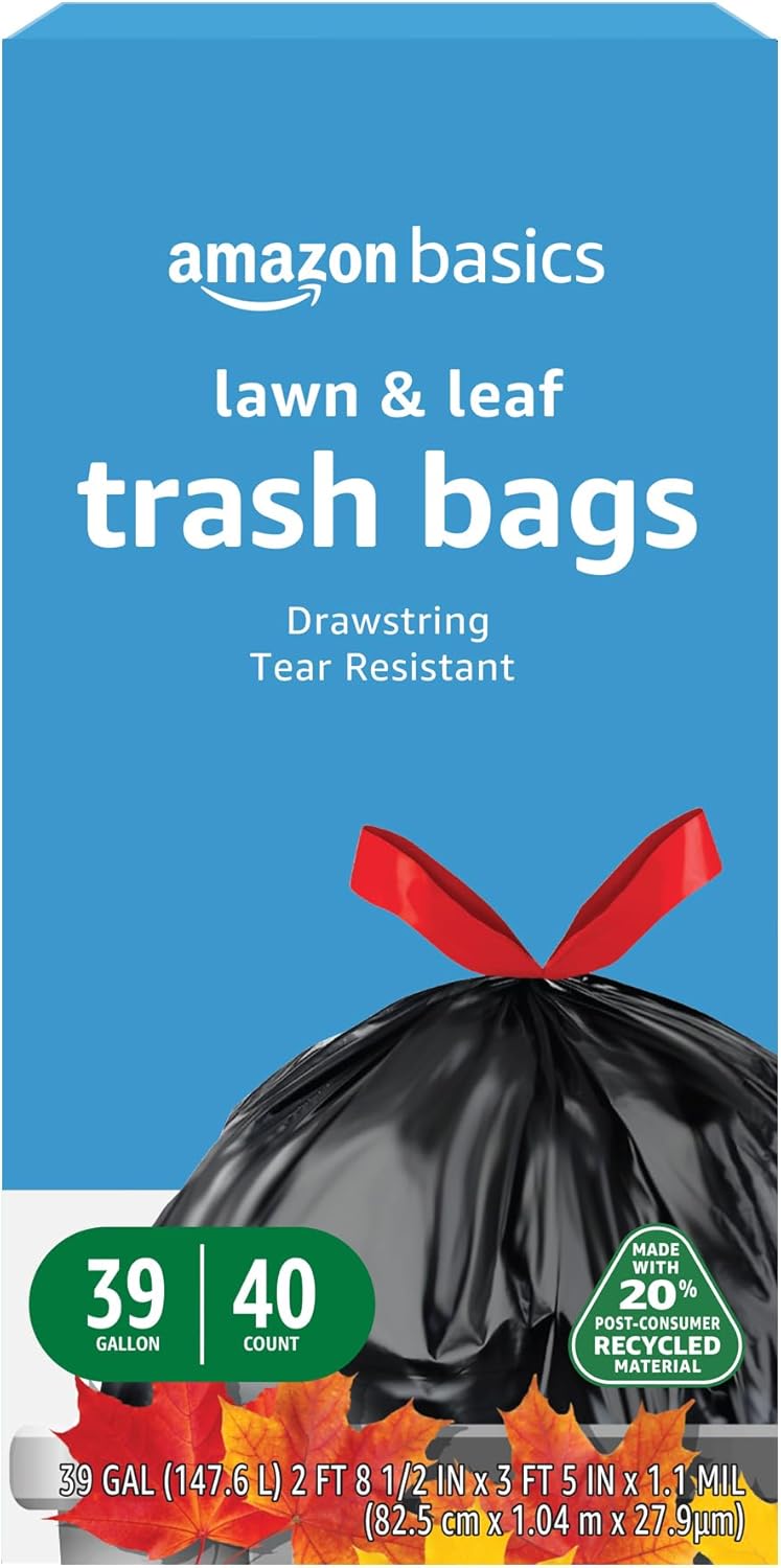 Amazon Basics Lawn & Leaf Drawstring Trash Bags, 20% Post Consumer Recycled Content, 39 Gallon, 40 Count, Pack of 1 Amazon Basics Lawn & Leaf Drawstring Trash Bags, 20% Post Consumer Recycled Content, 39 Gallon, 40 Count, Pack of 1