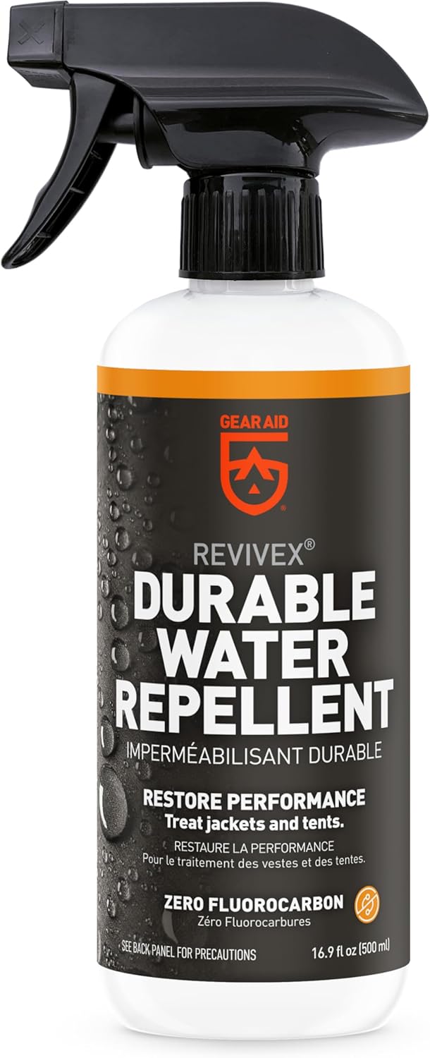 Gear AID Revivex Durable Water Repellent (DWR) Spray for Waterproofing, Restoring Performance on Nylon Jackets, Gore-TEX, Paddle, Snow and Camping Gear Gear AID Revivex Durable Water Repellent (DWR) Spray for Waterproofing, Restoring Performance on Nylon Jackets, Gore-TEX, Paddle, Snow and Camping Gear