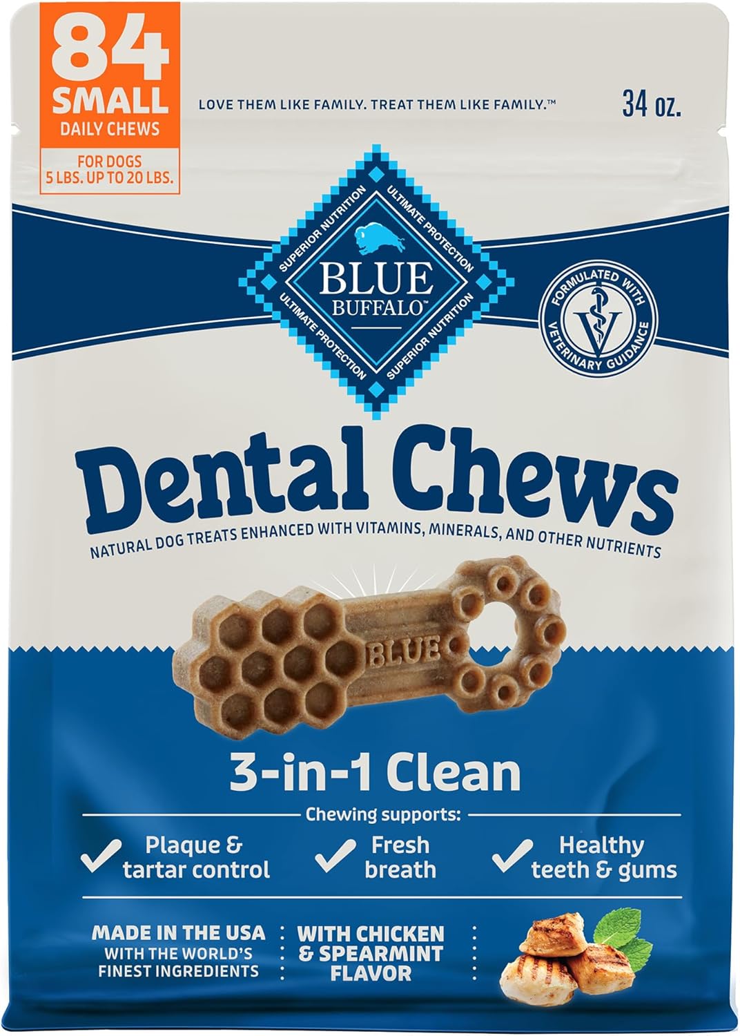 Blue Buffalo Small Dental Chews for Dogs, Daily Dental Care Dog Treats Made in the USA with Natural Ingredients, Chicken & Spearmint (84 Count) Blue Buffalo Small Dental Chews for Dogs, Daily Dental Care Dog Treats Made in the USA with Natural Ingredients, Chicken & Spearmint (84 Count)