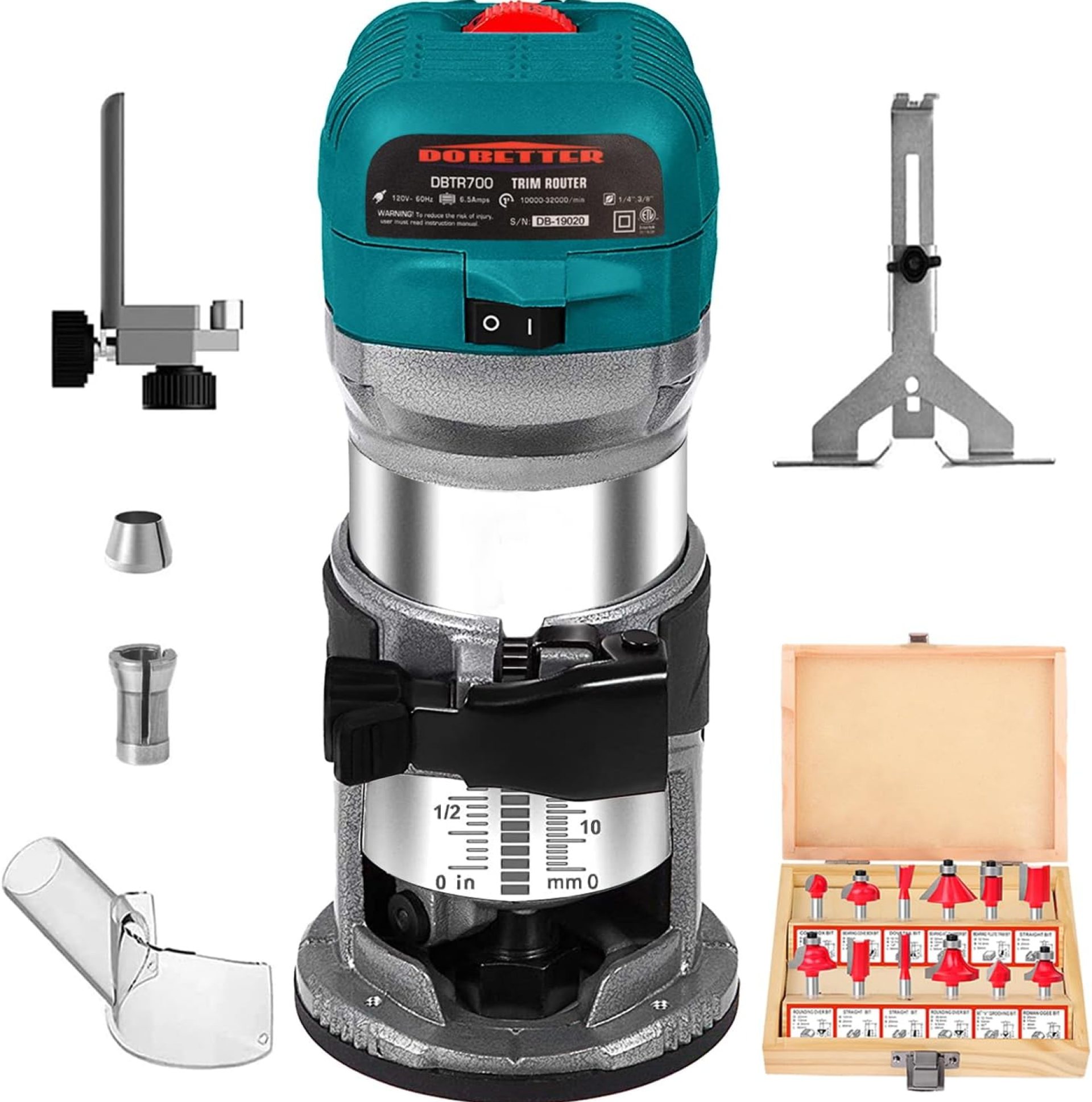 6.5-Amp Wood Router Tool, 1.25 HP Compact Trim Router with 6 Variable Speed, 12 Wood Router Bits, 1/4″ & 3/8″ Collets and Dust Hood -DBTR700 6.5-Amp Wood Router Tool, 1.25 HP Compact Trim Router with 6 Variable Speed, 12 Wood Router Bits, 1/4″ & 3/8″ Collets and Dust Hood -DBTR700