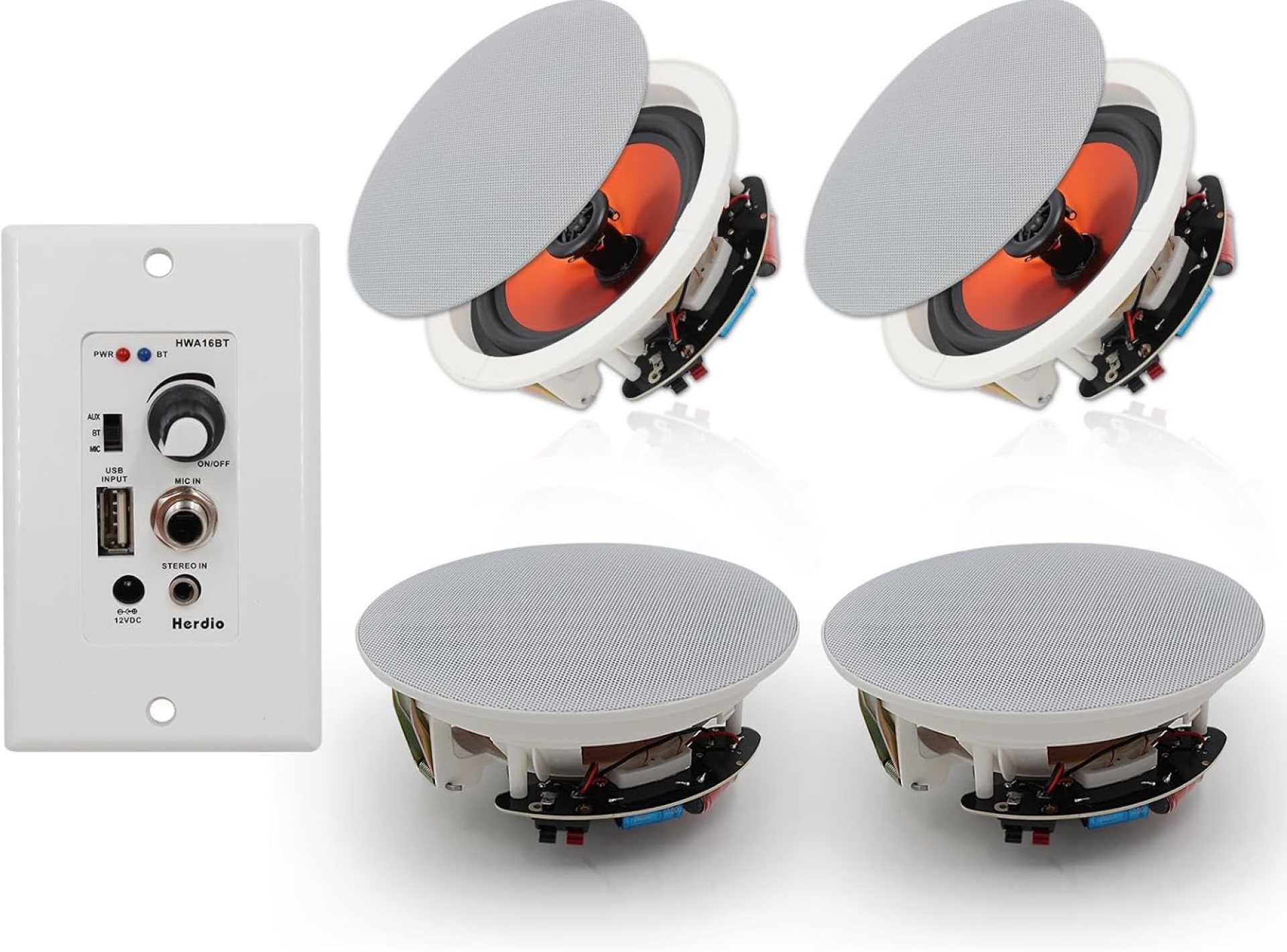 Herdio 6.5” Bluetooth in Wall in Ceiling Speakers 600W 2-Way Flush Mount Speakers System with Wall Amplifier Receiver for Home Theater Office Bathroom(2Pairs, Paintable-Grille) Herdio 6.5” Bluetooth in Wall in Ceiling Speakers 600W 2-Way Flush Mount Speakers System with Wall Amplifier Receiver for Home Theater Office Bathroom(2Pairs, Paintable-Grille)