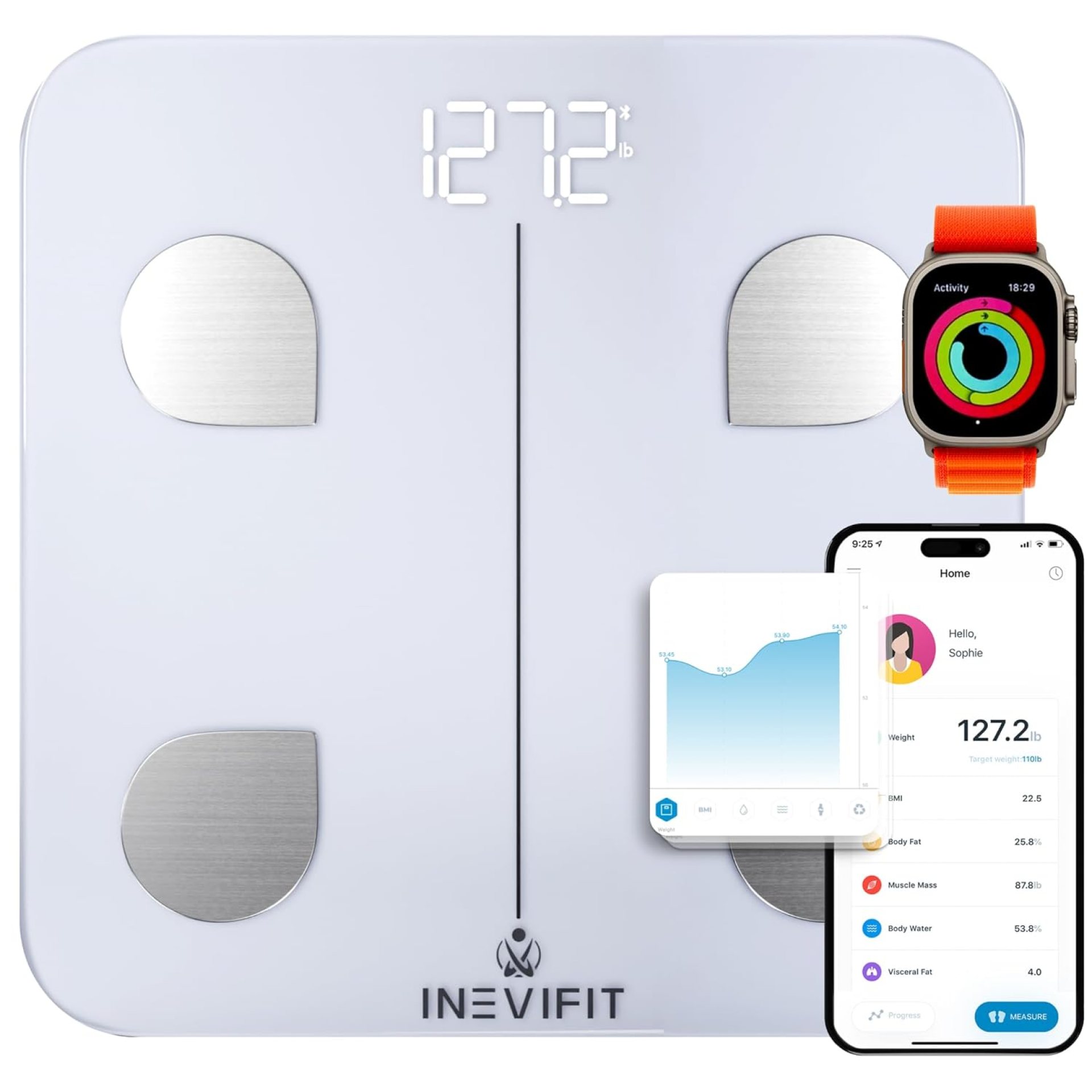 INEVIFIT Smart Body Fat Scale, Highly Accurate Bluetooth Digital Bathroom Body Composition Analyzer, Measures Weight, Body Fat, Water, Muscle, Visceral Fat & Bone Mass for Unlimited Users (White) INEVIFIT Smart Body Fat Scale, Highly Accurate Bluetooth Digital Bathroom Body Composition Analyzer, Measures Weight, Body Fat, Water, Muscle, Visceral Fat & Bone Mass for Unlimited Users (White)