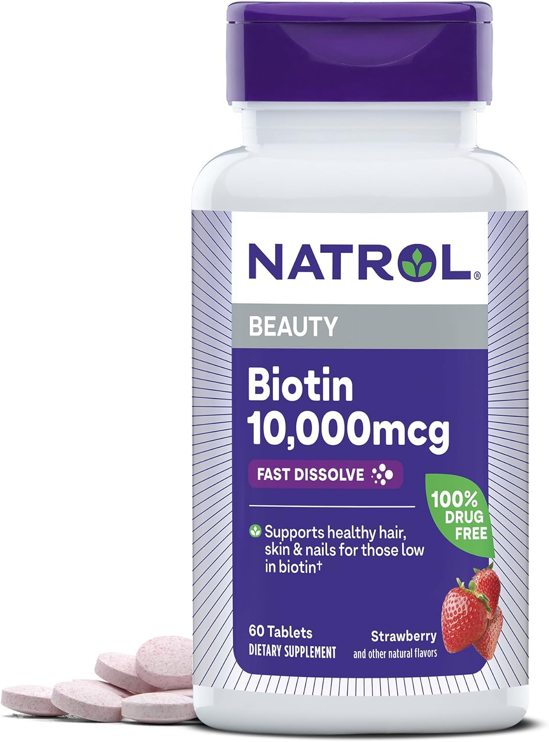 Natrol Biotin 10000mcg, 4x Faster Dissolve Supplement for Healthy Hair, Skin and Nails for Those Low in Biotin, Plus Energy Metabolism Support, 60 Tablets, Up to a 60 Day Supply Natrol Biotin 10000mcg, 4x Faster Dissolve Supplement for Healthy Hair, Skin and Nails for Those Low in Biotin, Plus Energy Metabolism Support, 60 Tablets, Up to a 60 Day Supply