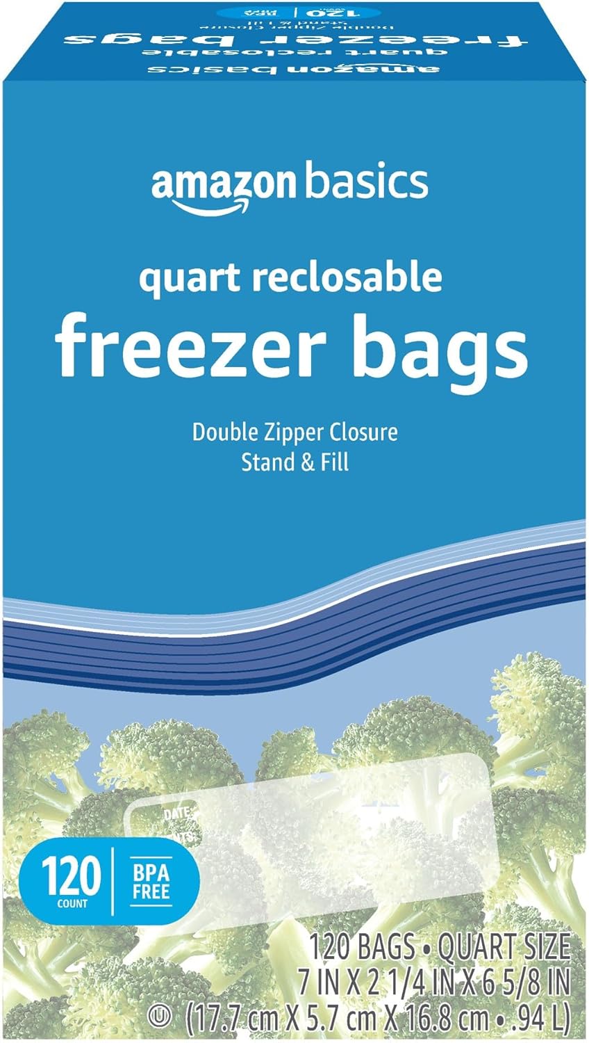 Amazon Basics Reclosable Freezer Quart Bags, Stand & Fill Base, 120 Count Amazon Basics Reclosable Freezer Quart Bags, Stand & Fill Base, 120 Count