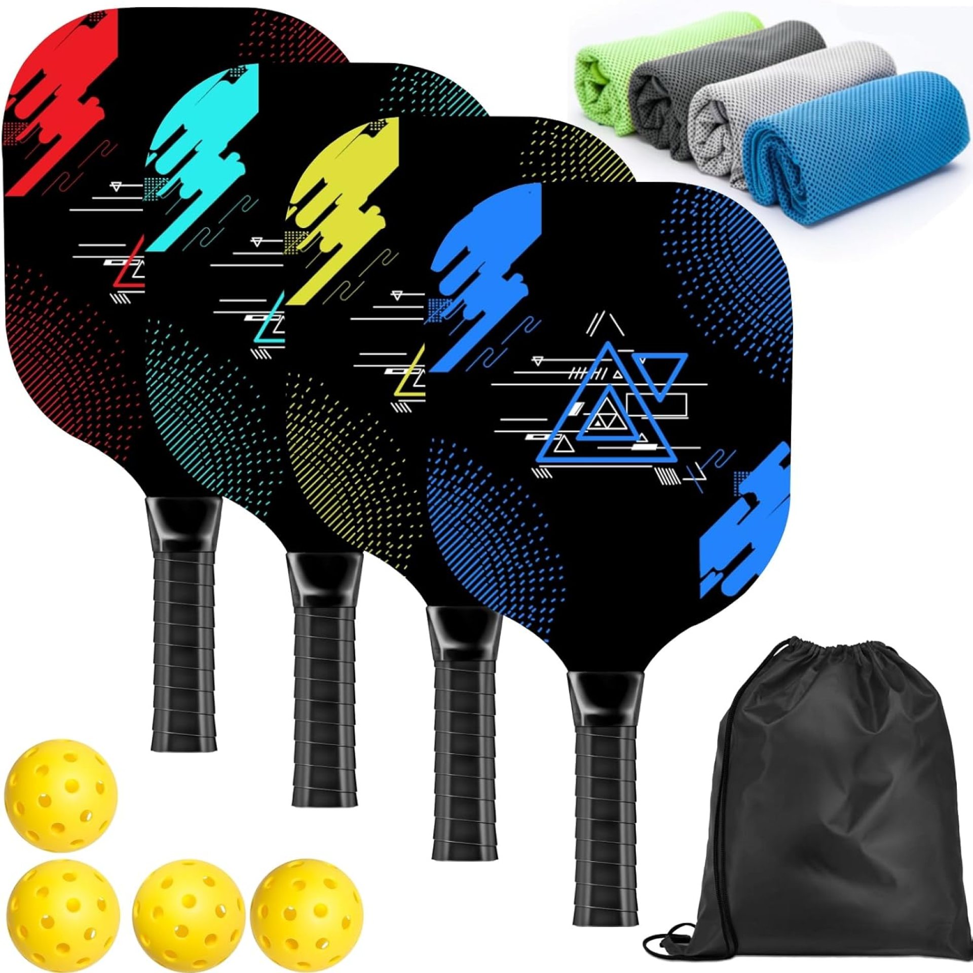 Pickleball Set – 4 Premium Wood Paddles, 4 Cooling Towels, 4 Balls & Carry Bag – Cushion Comfort Grip – Gifts for Men Women Pickleball Set – 4 Premium Wood Paddles, 4 Cooling Towels, 4 Balls & Carry Bag – Cushion Comfort Grip – Gifts for Men Women