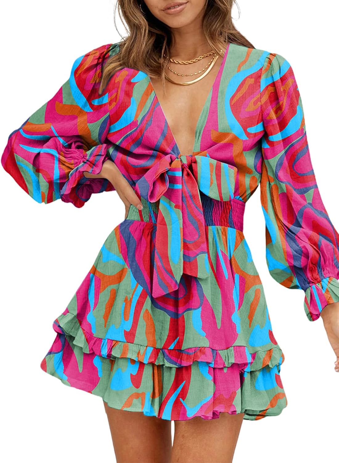 Dokotoo Womens Casual Spring Summer 2025 Deep V Neck Knotted Tiered Chiffon Elegant Mini Short Swing Skater Dresses Dokotoo Womens Casual Spring Summer 2025 Deep V Neck Knotted Tiered Chiffon Elegant Mini Short Swing Skater Dresses