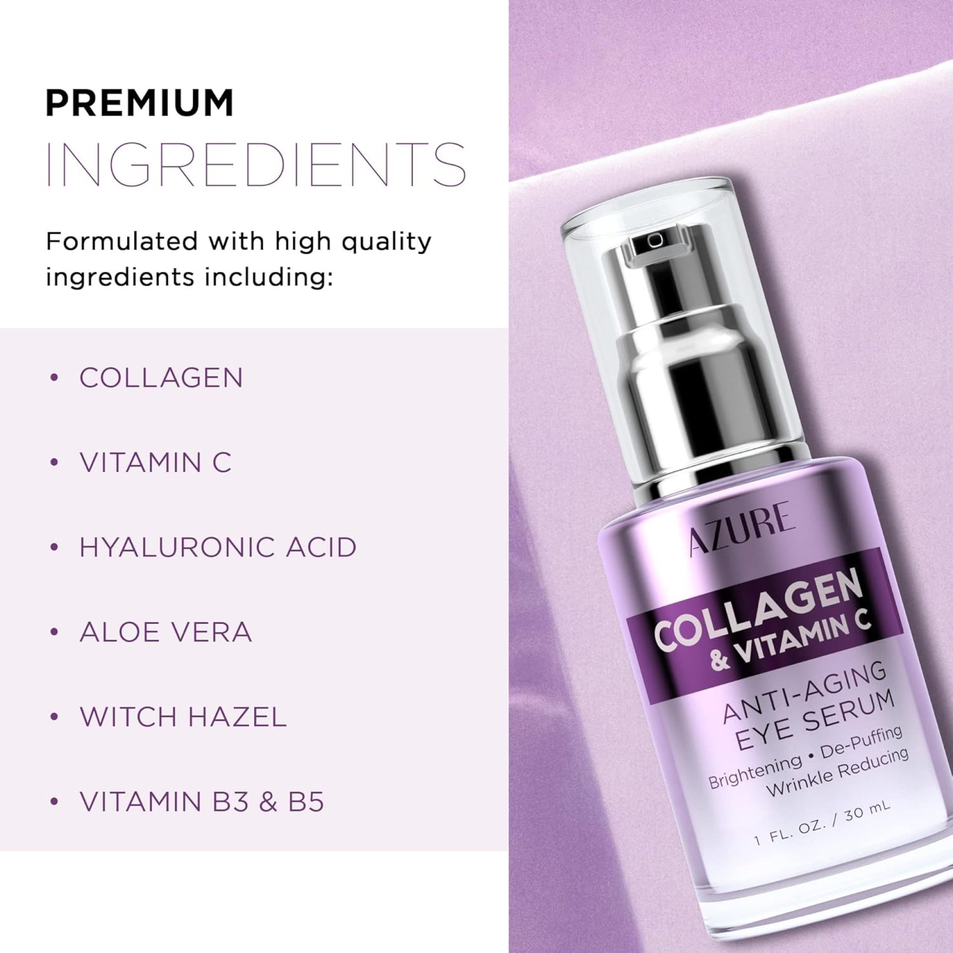 Azure Cosmetics Collagen & Vitamin C Anti Aging Eye Serum – Toning, De-Puffing Serum – Reduces Wrinkles, Fine Lines & Dark Circles – Minimizes Fatigue – Skin Care Made in Korea – 30mL / 1 fl.oz. Azure Cosmetics Collagen & Vitamin C Anti Aging Eye Serum – Toning, De-Puffing Serum – Reduces Wrinkles, Fine Lines & Dark Circles – Minimizes Fatigue – Skin Care Made in Korea – 30mL / 1 fl.oz.
