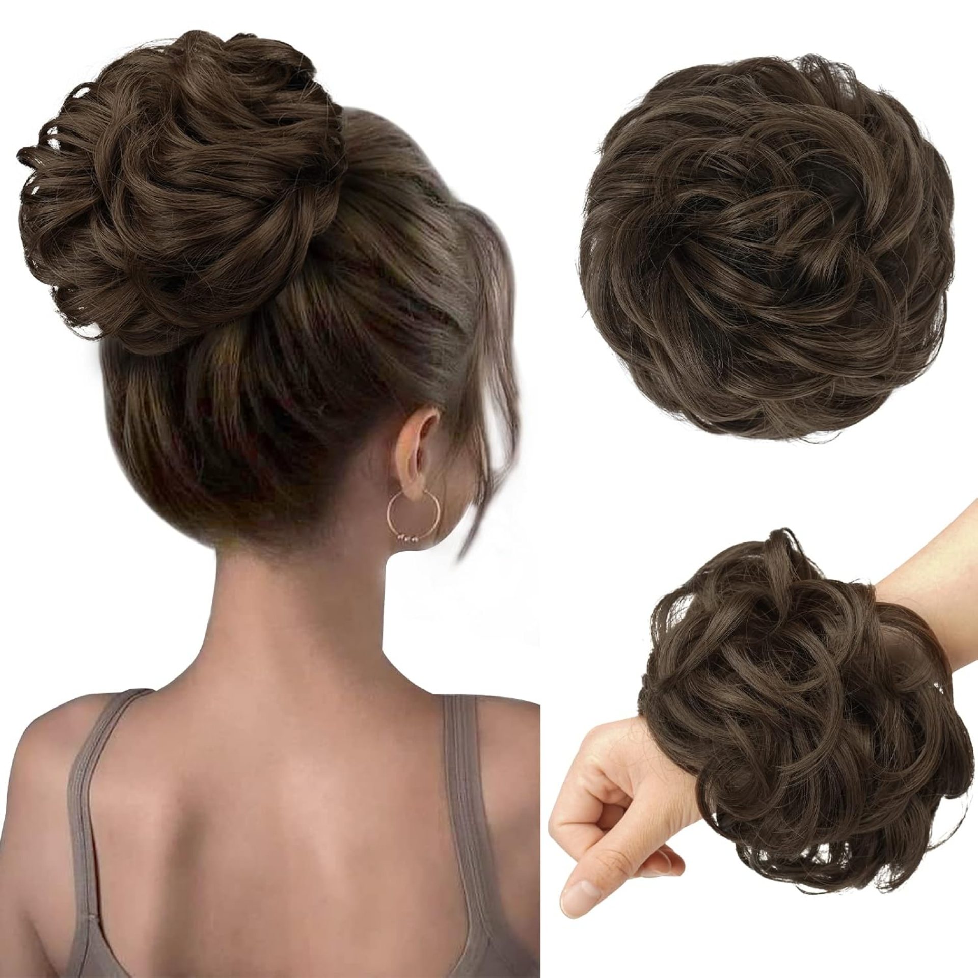 FESHFEN Messy Bun Hair Piece – Large Wavy Curly Elastic Hair Bun Scrunchies Ponytail Extensions Synthetic Chignon Hairpieces for Women, Golden Brown 1.94oz FESHFEN Messy Bun Hair Piece – Large Wavy Curly Elastic Hair Bun Scrunchies Ponytail Extensions Synthetic Chignon Hairpieces for Women, Golden Brown 1.94oz