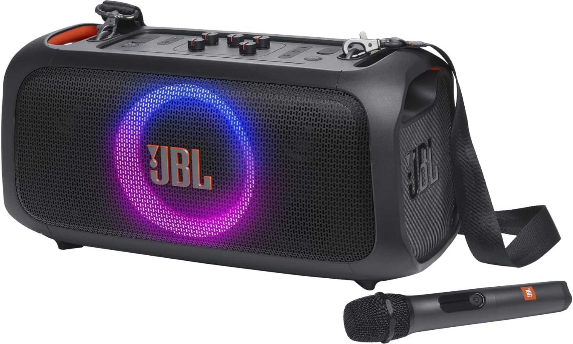 JBL PartyBox On-The-Go Essential – Portable Party Speaker with Built-in Lights and Wireless mic, Amazing Pro Sound, IPX4 splashproof Protection, 6 Hours of Playtime, Convenient Shoulder Strap JBL PartyBox On-The-Go Essential – Portable Party Speaker with Built-in Lights and Wireless mic, Amazing Pro Sound, IPX4 splashproof Protection, 6 Hours of Playtime, Convenient Shoulder Strap