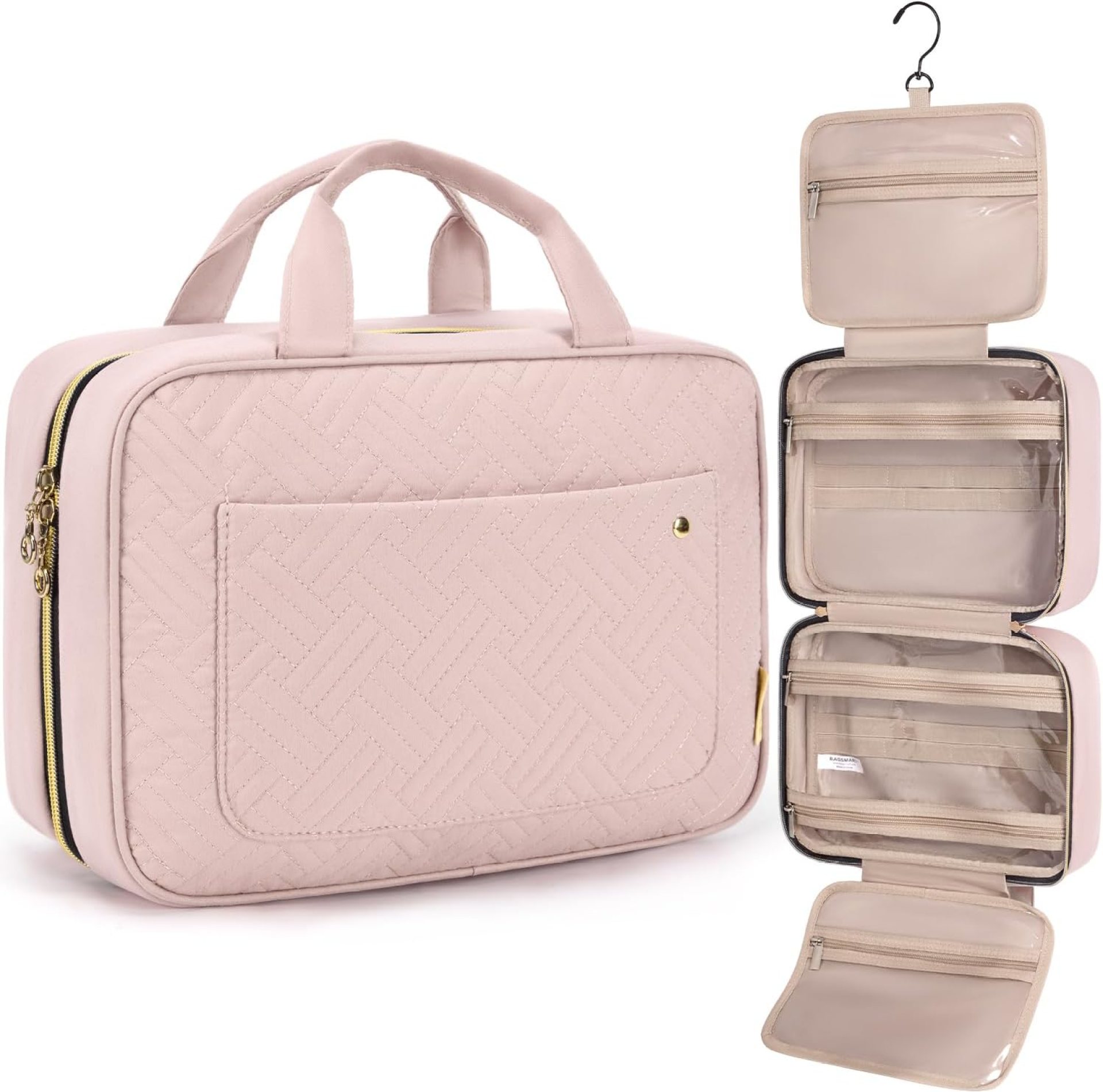 BAGSMART Toiletry Bag Travel Bag with Hanging Hook, Water-resistant Makeup Cosmetic Bag Travel Organizer for Accessories, Shampoo, Full-size Container, Toiletries (Light Pink, Medium) BAGSMART Toiletry Bag Travel Bag with Hanging Hook, Water-resistant Makeup Cosmetic Bag Travel Organizer for Accessories, Shampoo, Full-size Container, Toiletries (Light Pink, Medium)