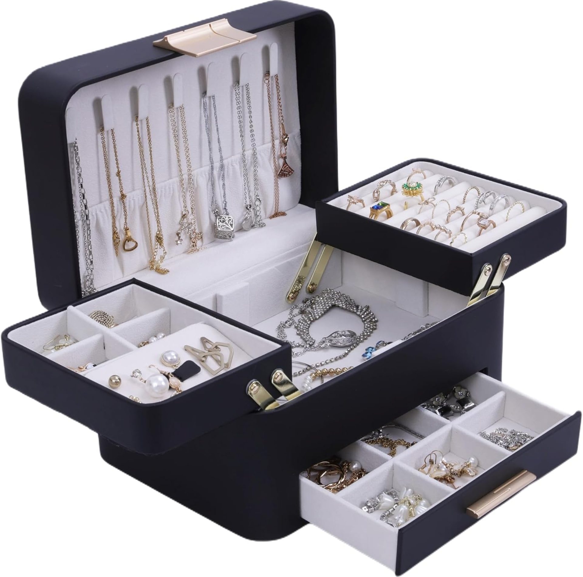 KAMIER Jewelry Box, Jewelry Organizer with Drawers, 3 Layers Jewelry Storage Organizer for Earring, Ring, Necklace, Bracelets, Gift for Women, Girls, Men, Black KAMIER Jewelry Box, Jewelry Organizer with Drawers, 3 Layers Jewelry Storage Organizer for Earring, Ring, Necklace, Bracelets, Gift for Women, Girls, Men, Black